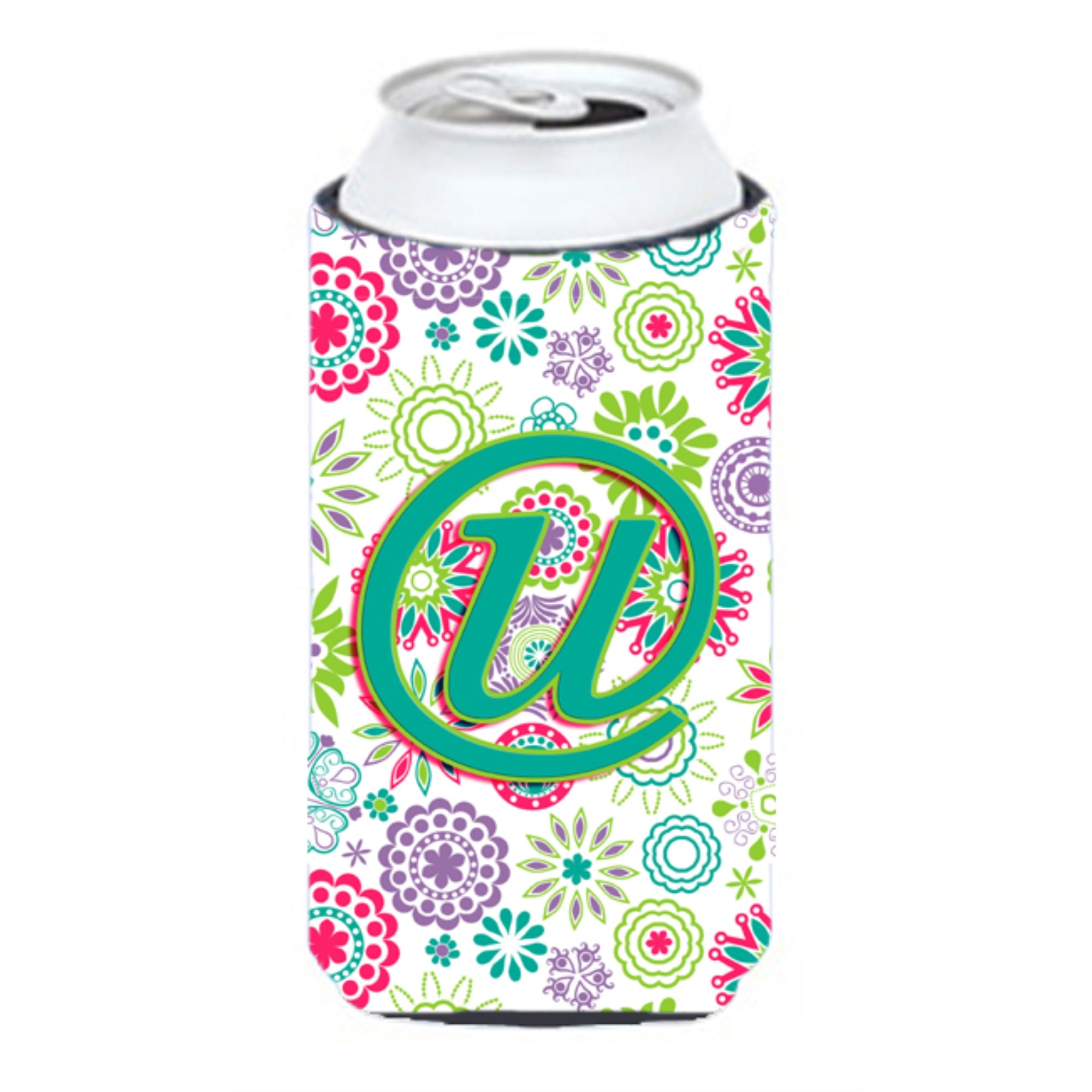 Letter U Flowers Pink Teal Green Initial Tall Boy Beverage Insulator Hugger Cj2011-Utbc