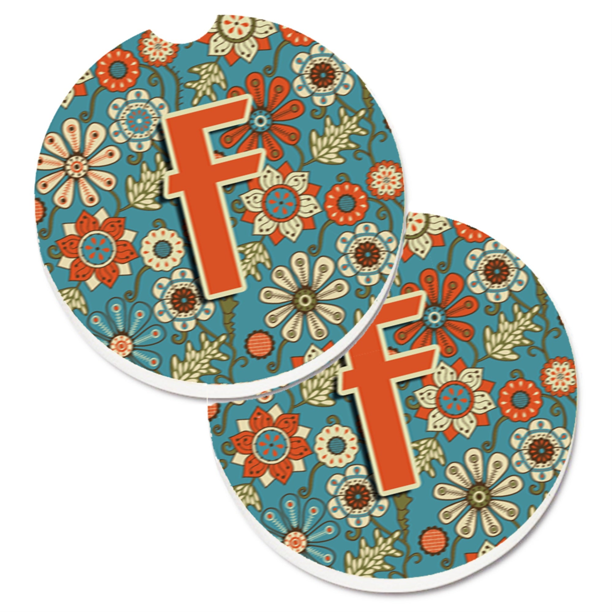 'Caroline'S Treasures Letter F Flowers Retro Blue Set Of 2 Cup Holder Car Coasters Cj2012-Fcarc, 2.56, Multicolor''