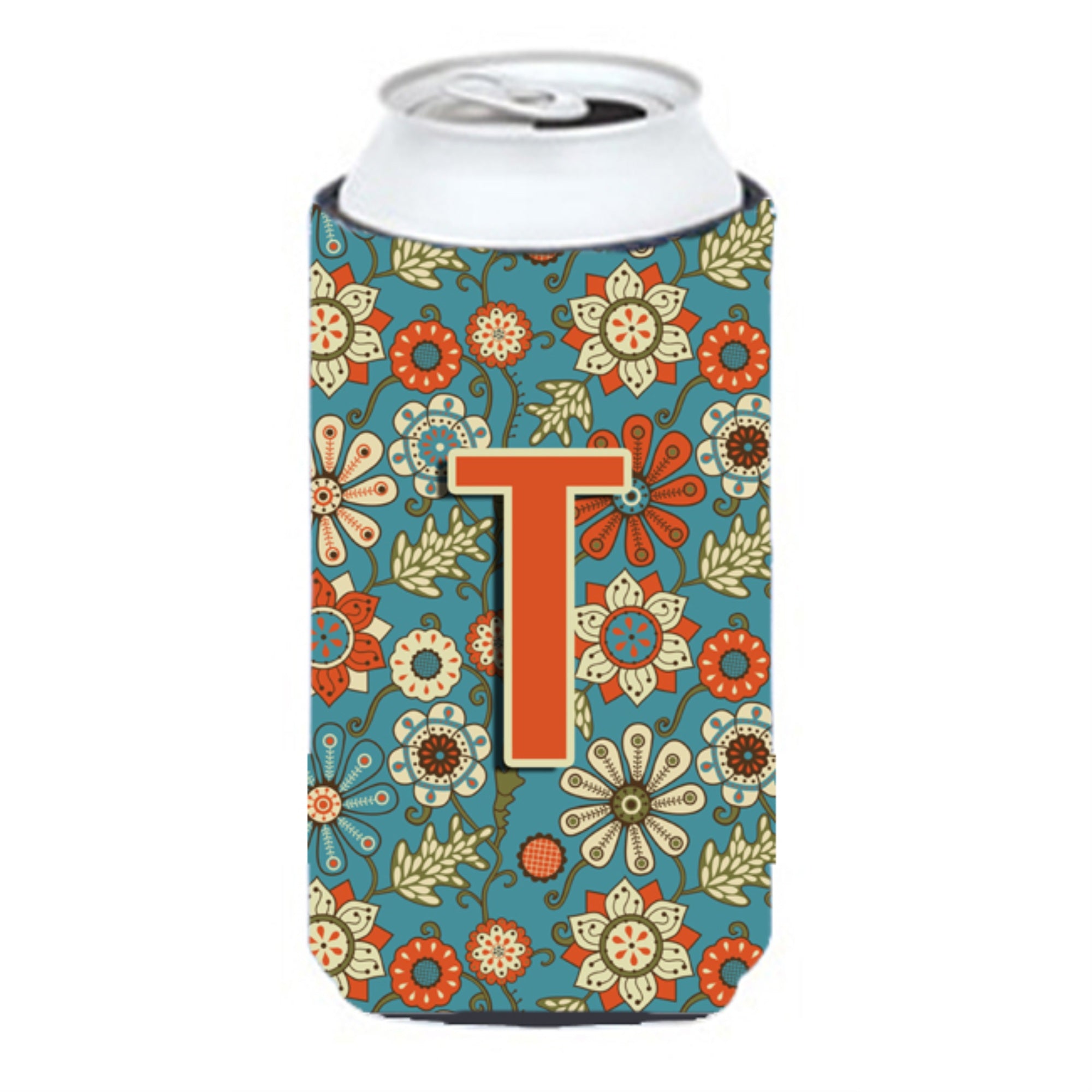 Letter T Flowers Retro Blue Tall Boy Beverage Insulator Hugger Cj2012-Ttbc