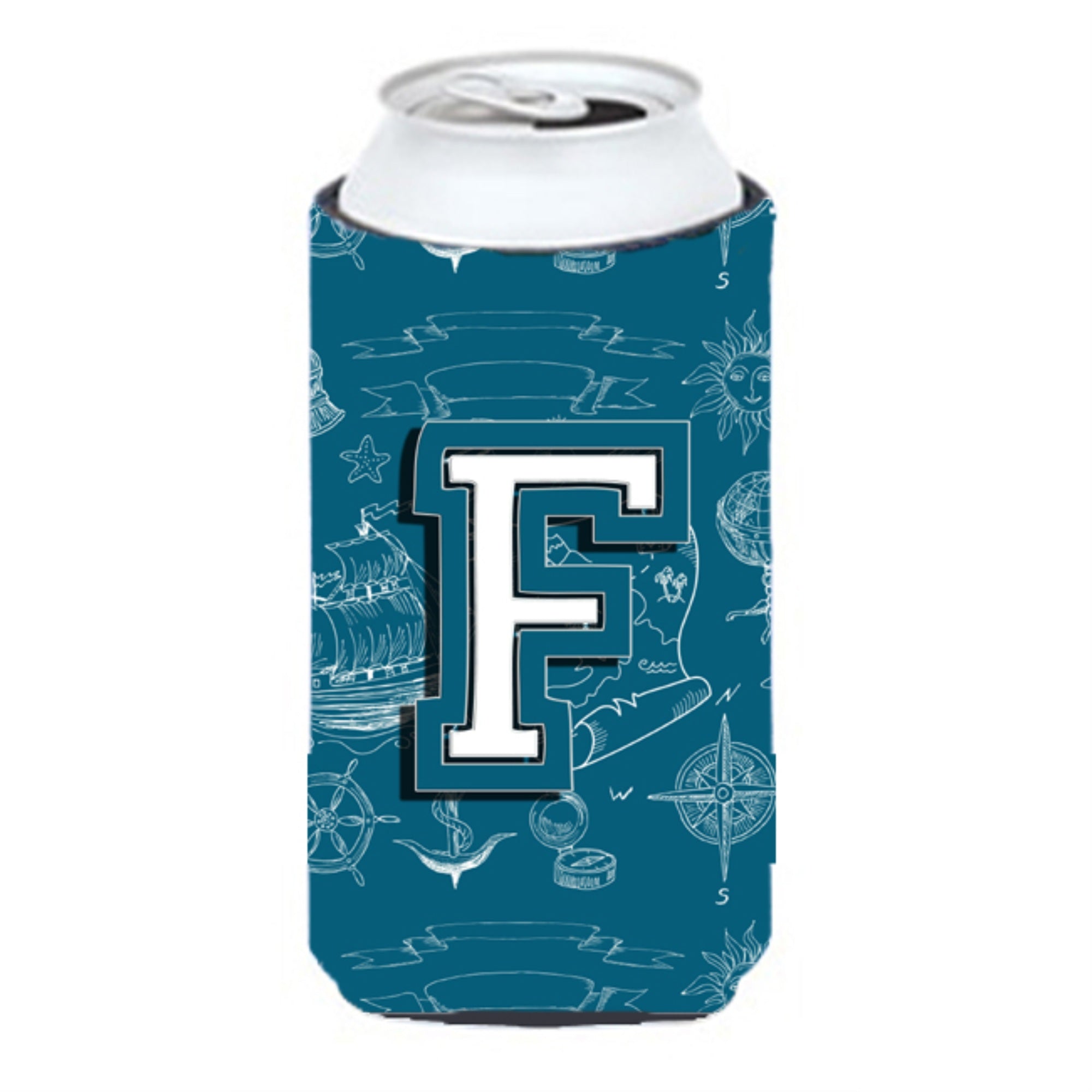 Letter F Sea Doodles Initial Alphabet Tall Boy Beverage Insulator Hugger Cj2014-Ftbc