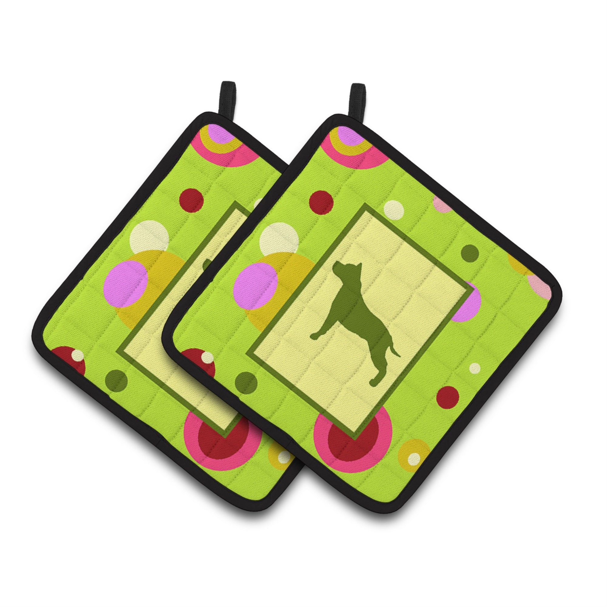 'Caroline'S Treasures Lime Green Dots Staffie Pair Of Pot Holders Ck1007Pthd, 7.5Hx7.5W, Multicolor''