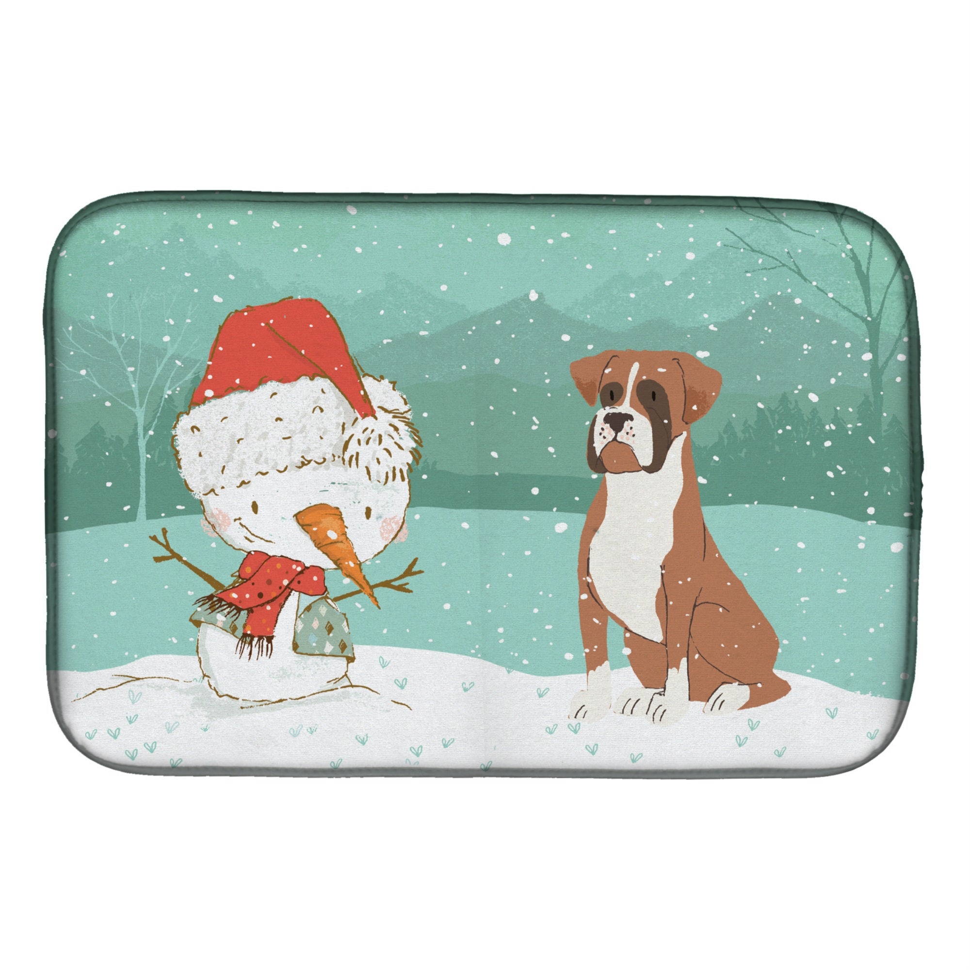 'Caroline'S Treasures Fawn Boxer And Snowman Christmas Dish Drying Mat, 14 X 21''