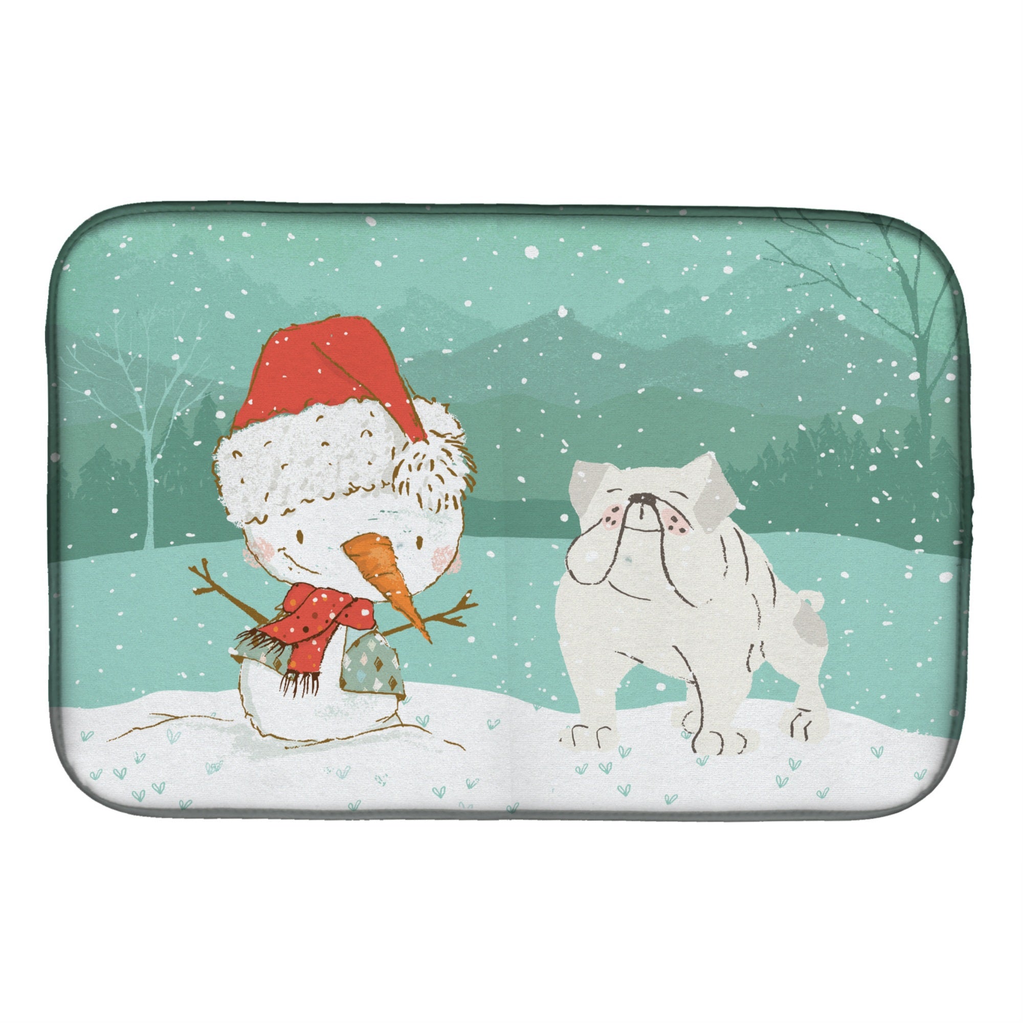 'Caroline'S Treasures White English Bulldog Snowman Christmas Dish Drying Mat, 14 X 21''
