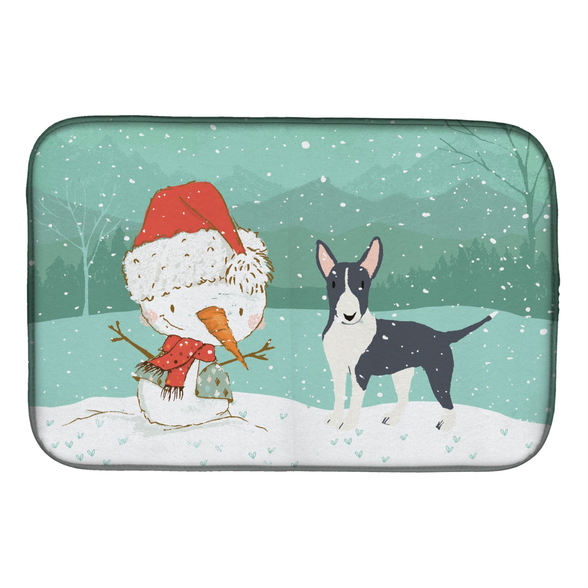 'Caroline'S Treasures Black Bull Terrier Snowman Christmas Dish Drying Mat, 14 X 21''