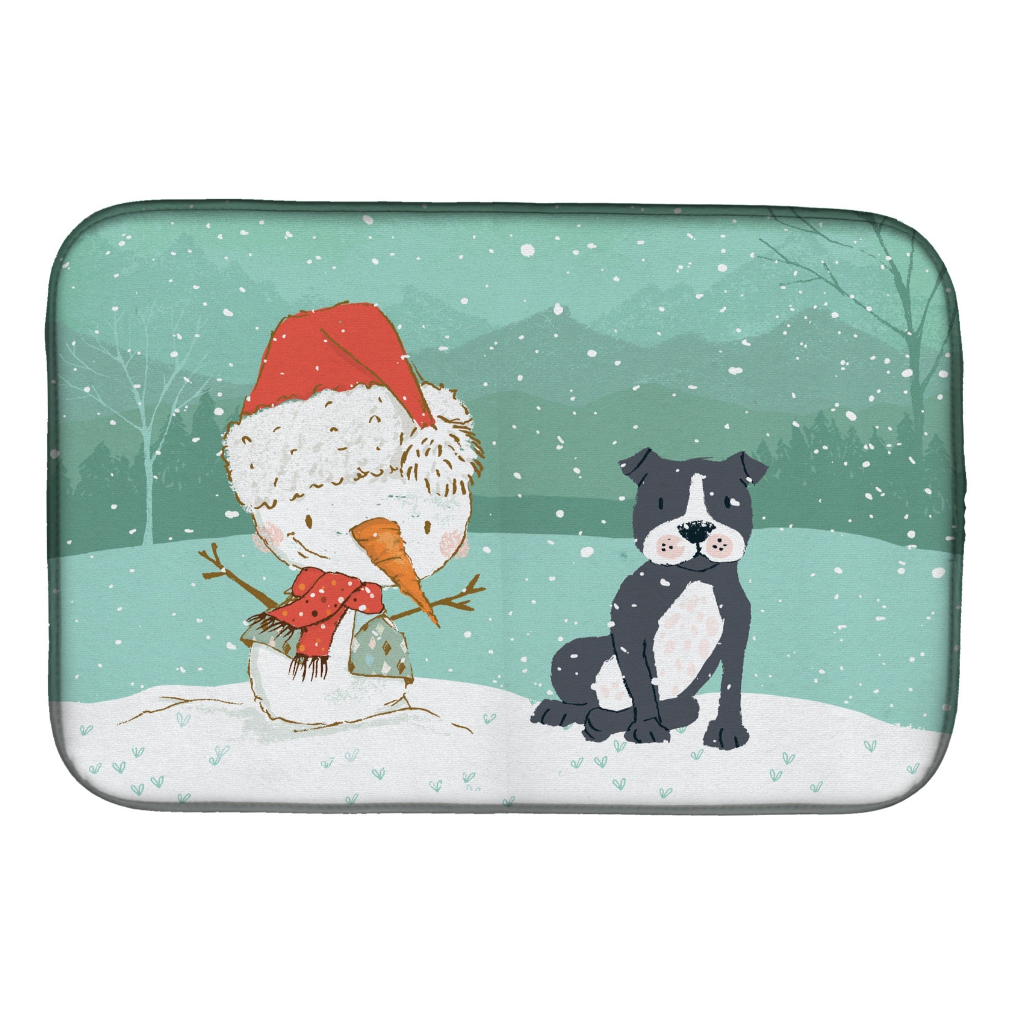 'Caroline'S Treasures Black Staffie Snowman Christmas Dish Drying Mat, 14 X 21''