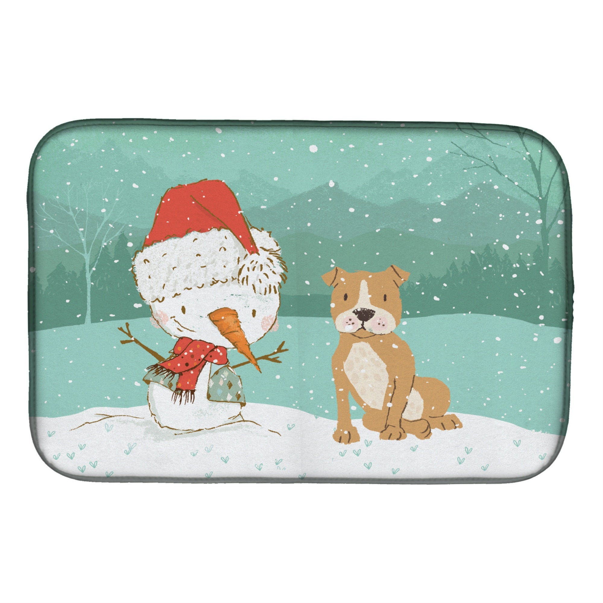 'Caroline'S Treasures Brown Staffie Snowman Christmas Dish Drying Mat, 14 X 21''