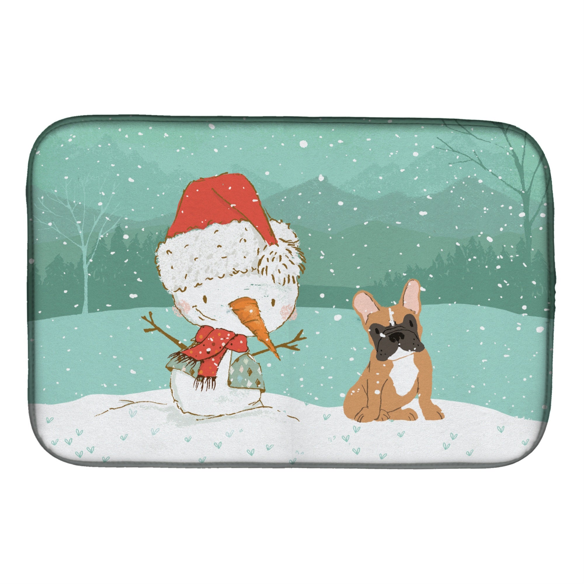 'Caroline'S Treasures Fawn French Bulldog Snowman Christmas Dish Drying Mat, 14 X 21''