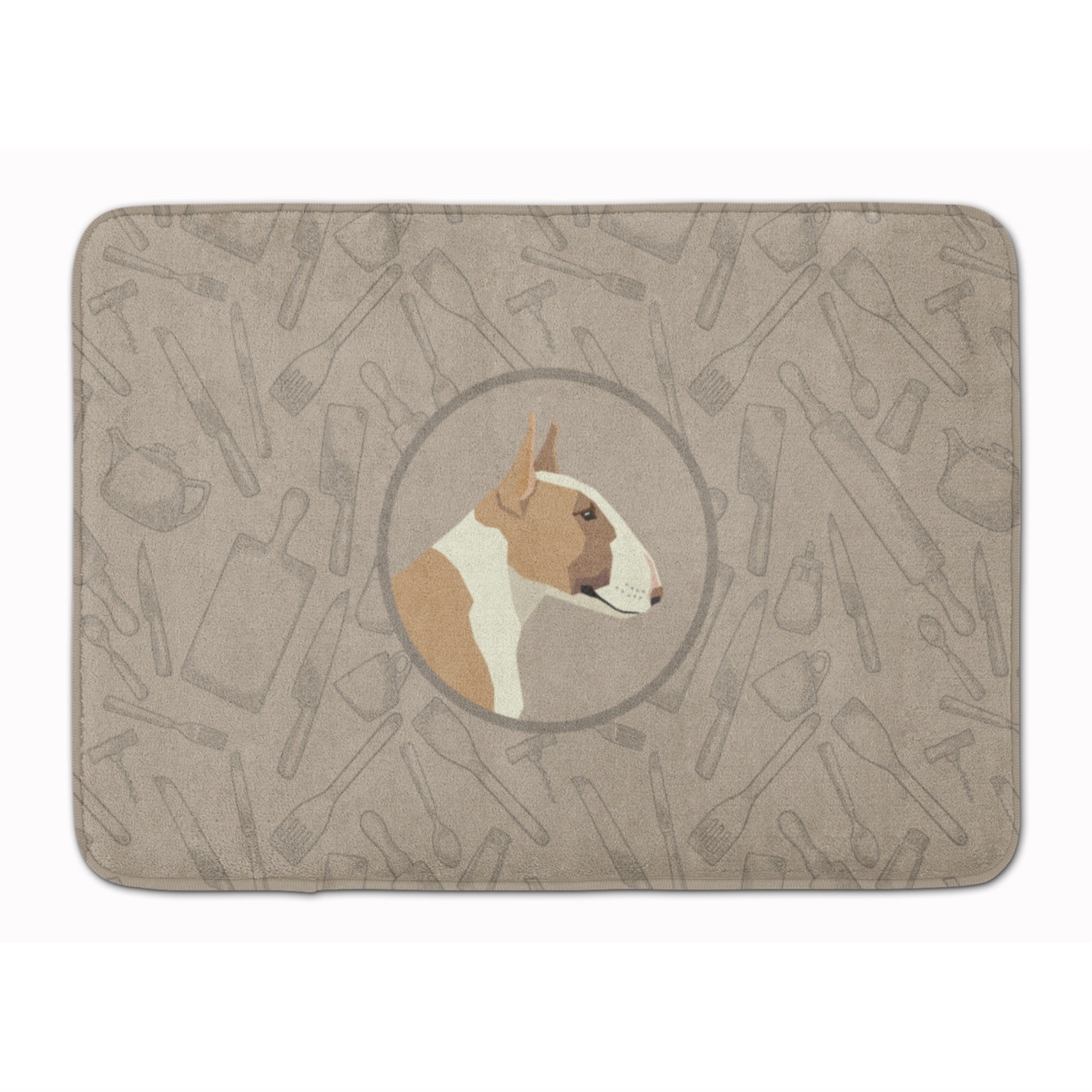 Caroline'S Treasures Fawn And White Bull Terrier In The Kitchen Machine Washable Memory Foam Mat Doormats