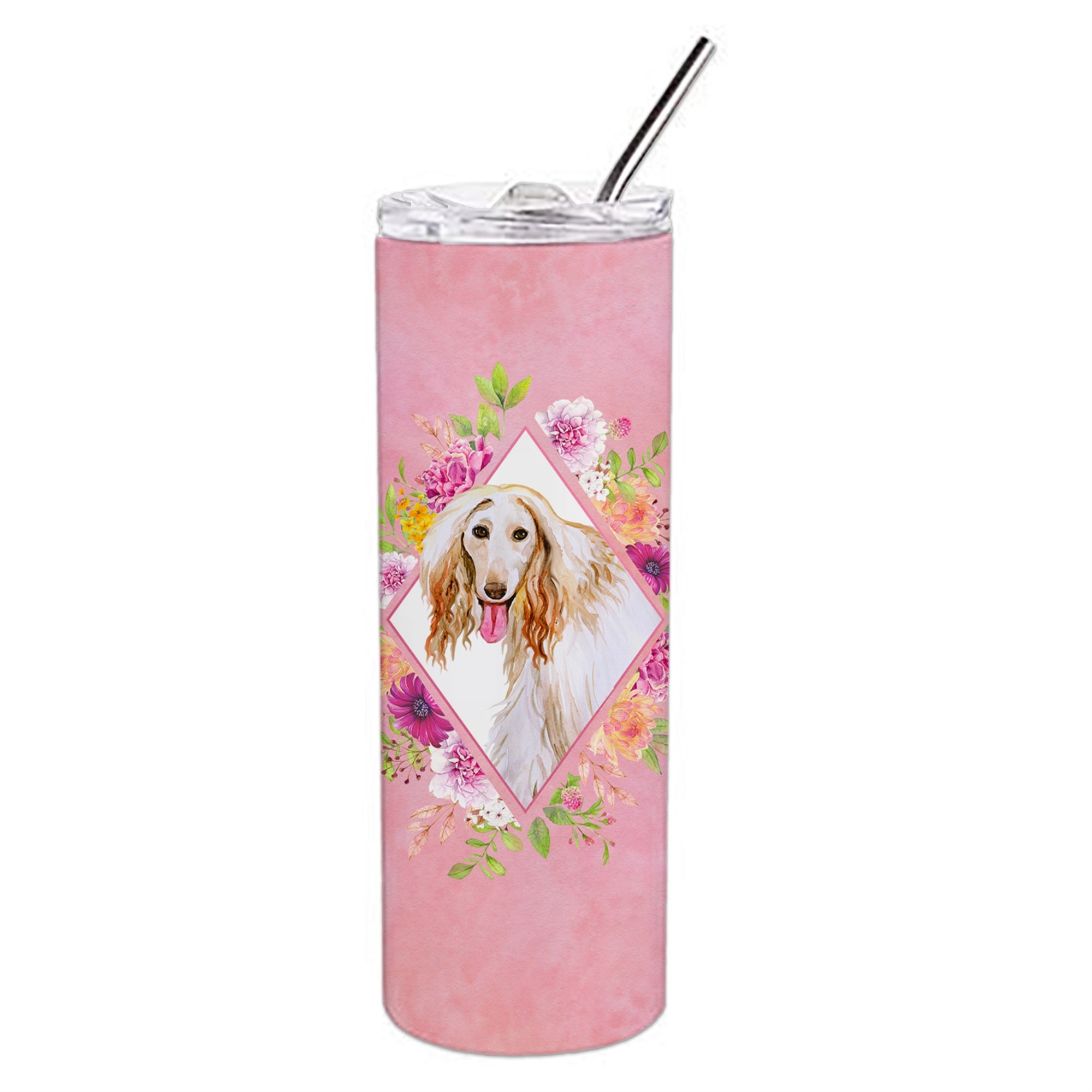 'Caroline'S Treasures Afghan Hound Pink Flowers Double Walled Stainless Steel 20 Oz Skinny Travel-Insulated-Tumblers, Multicolo