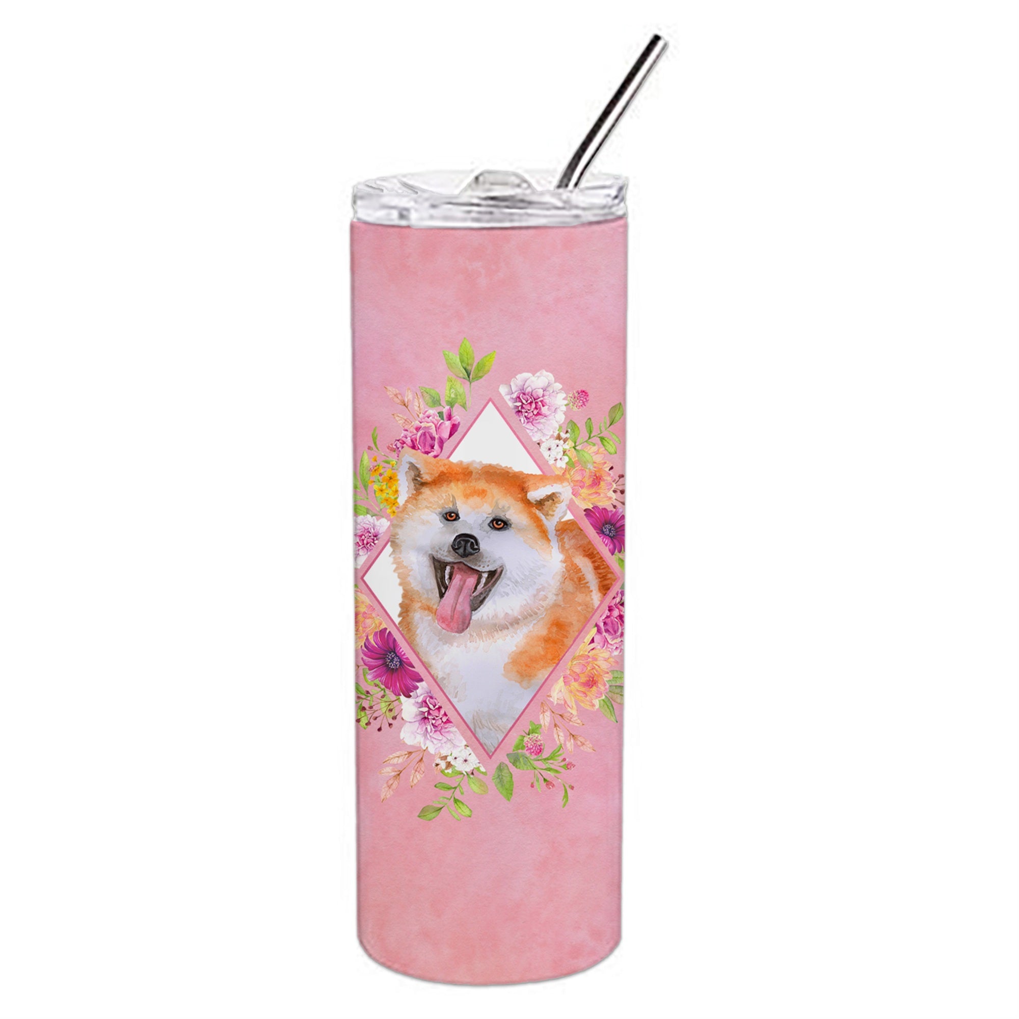 'Caroline'S Treasures Akita Pink Flowers Double Walled Stainless Steel 20 Oz Skinny Travel-Insulated-Tumblers, Multicolor''