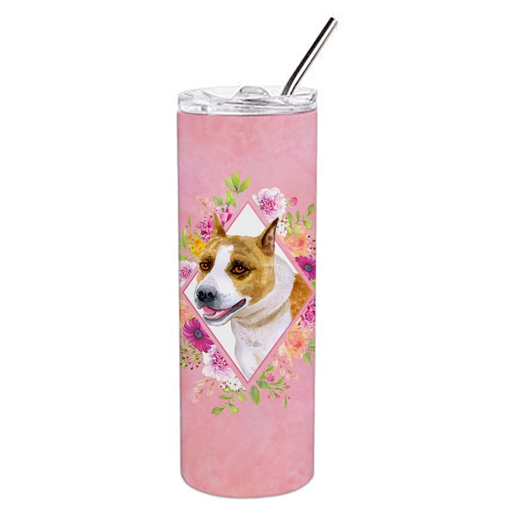 'Caroline'S Treasures Bull Terrier Pink Flowers Double Walled Stainless Steel 20 Oz Skinny Travel-Insulated-Tumblers, Multicolo
