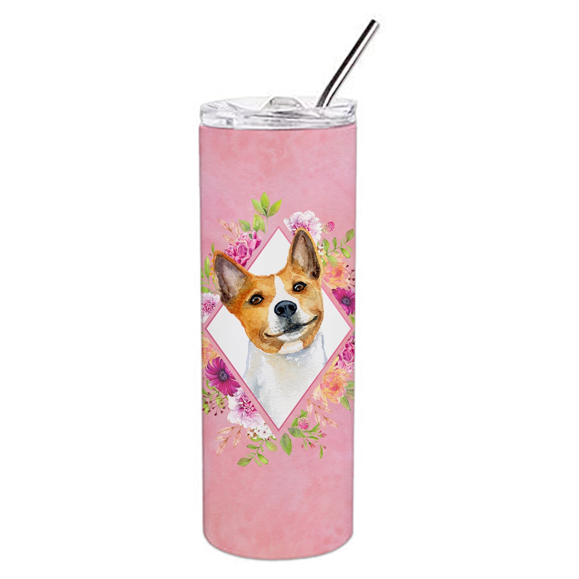 'Caroline'S Treasures Basenji Pink Flowers Double Walled Stainless Steel 20 Oz Skinny Travel-Insulated-Tumblers, Multicolor''