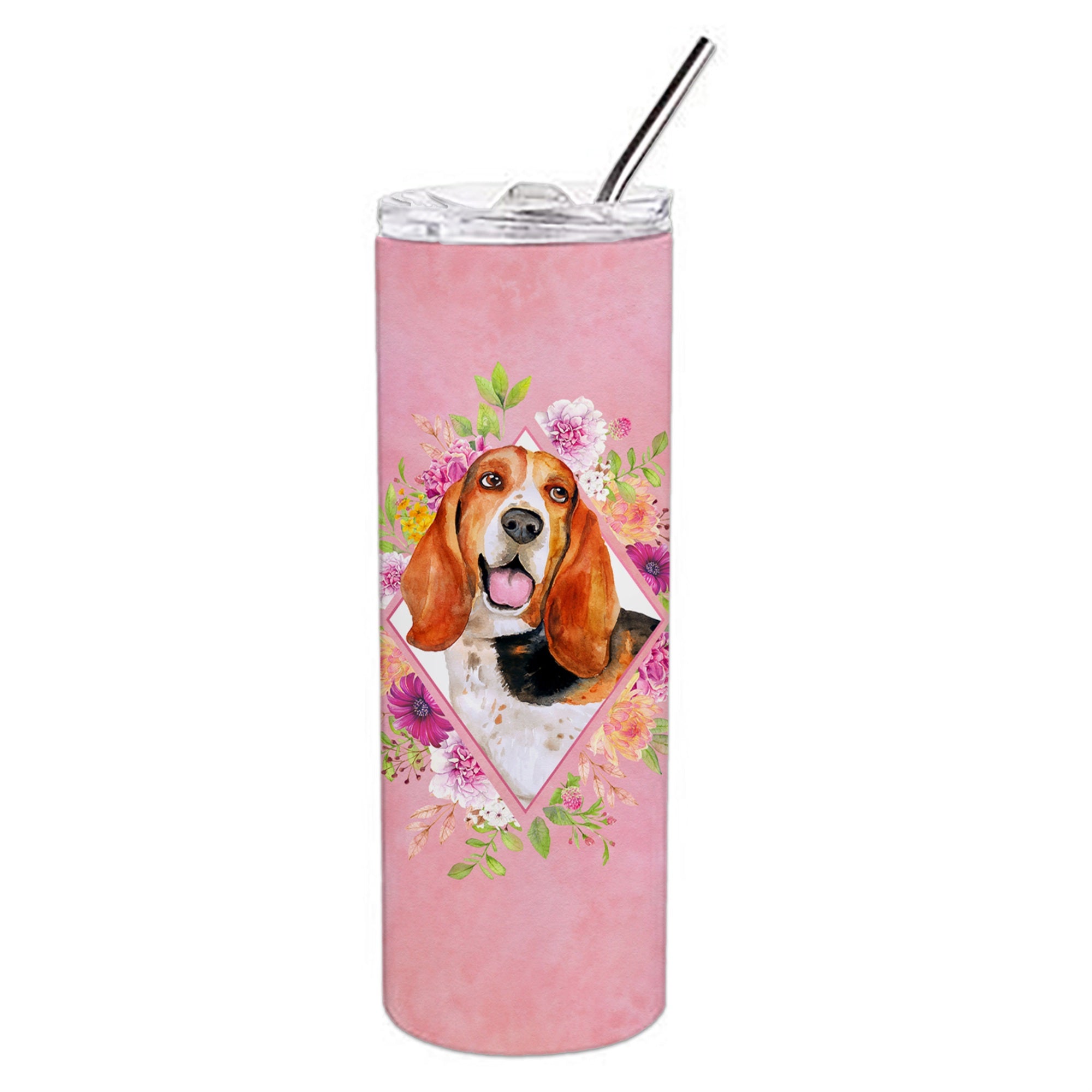 'Caroline'S Treasures Basset Hound Pink Flowers Double Walled Stainless Steel 20 Oz Skinny Travel-Insulated-Tumblers, Multicolo