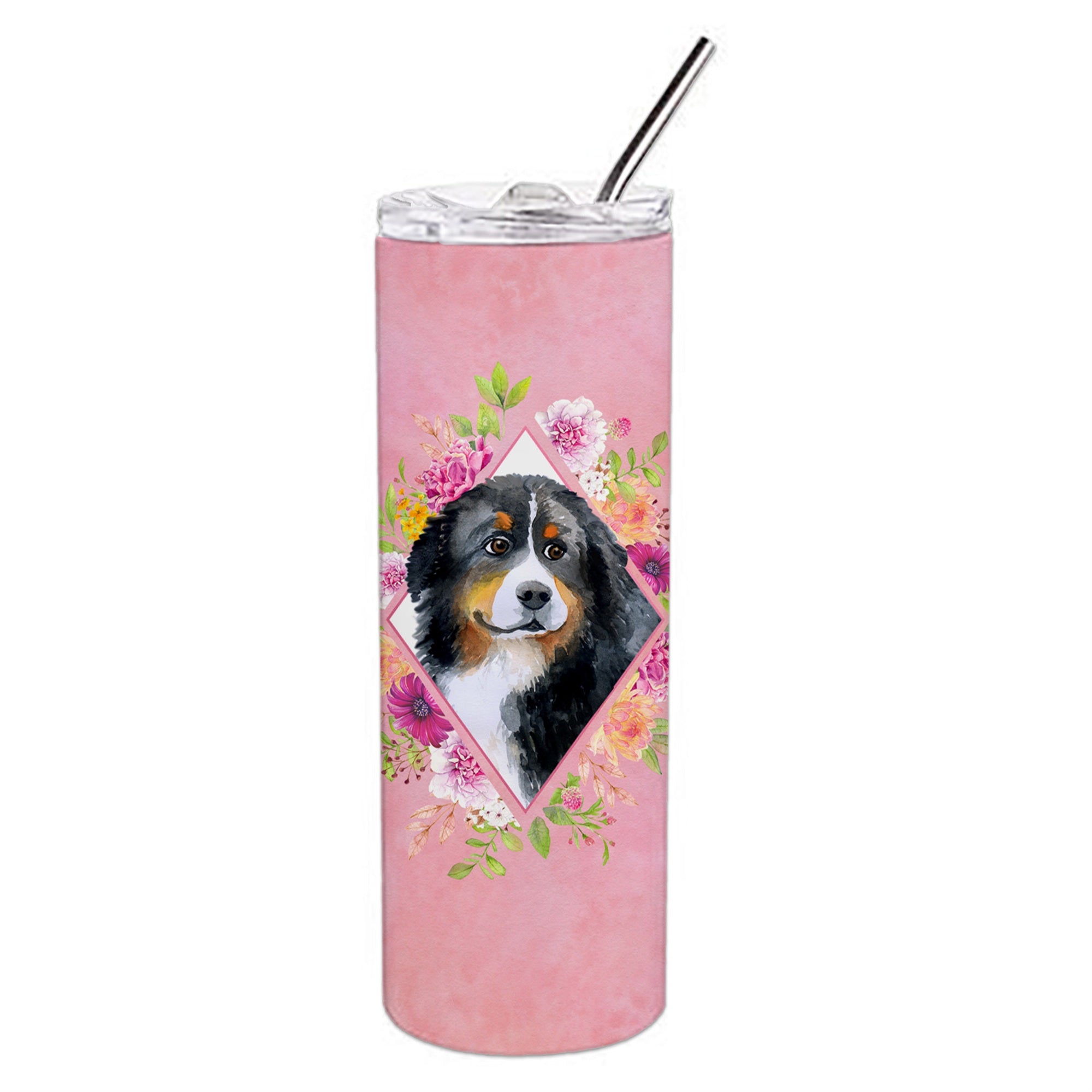 'Caroline'S Treasures Bernese Mountain Dog Pink Flowers Double Walled Stainless Steel 20 Oz Skinny Travel-Insulated-Tumblers, M