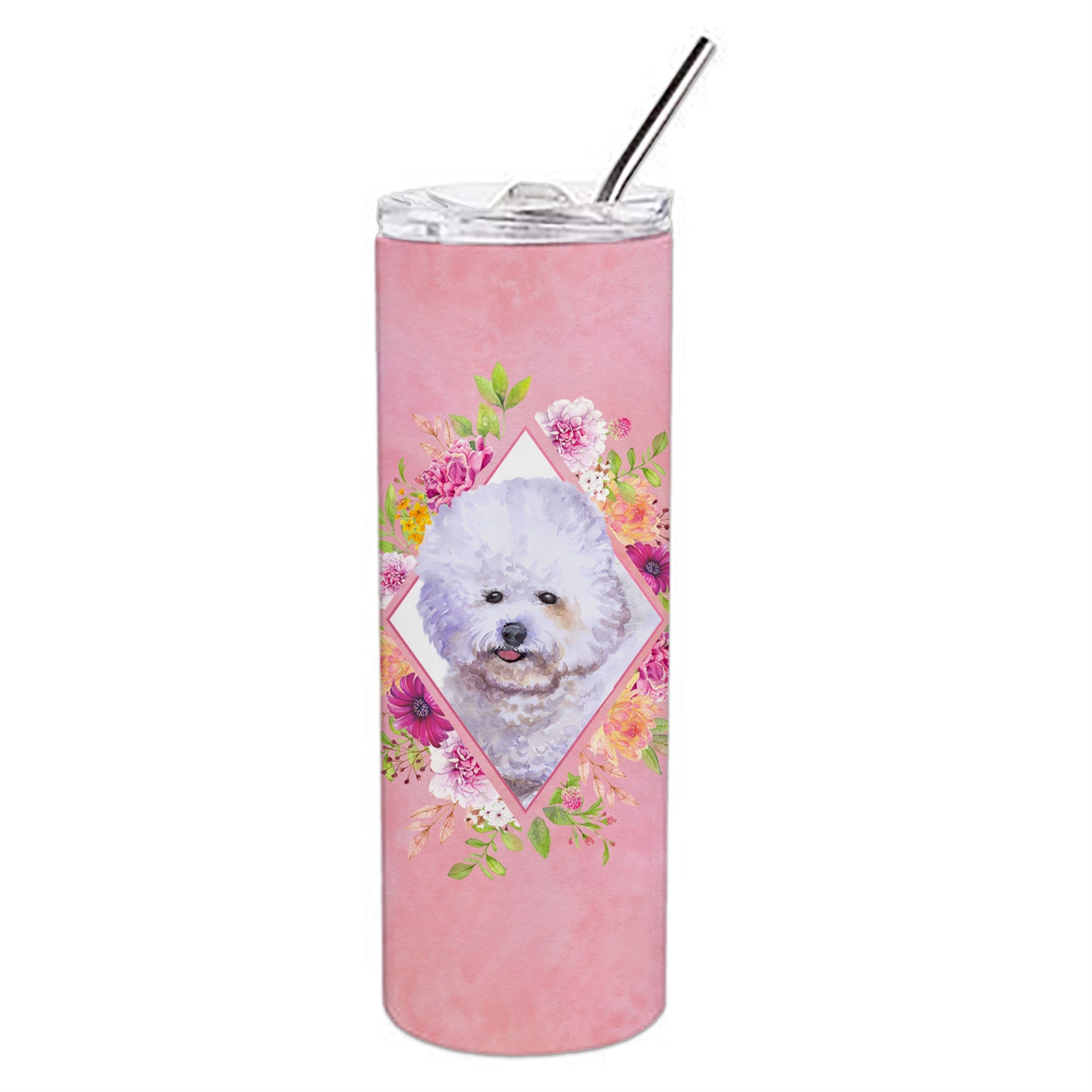 'Caroline'S Treasures Bichon Fris #2 Pink Flowers Double Walled Stainless Steel 20 Oz Skinny Travel-Insulated-Tumblers, Multico