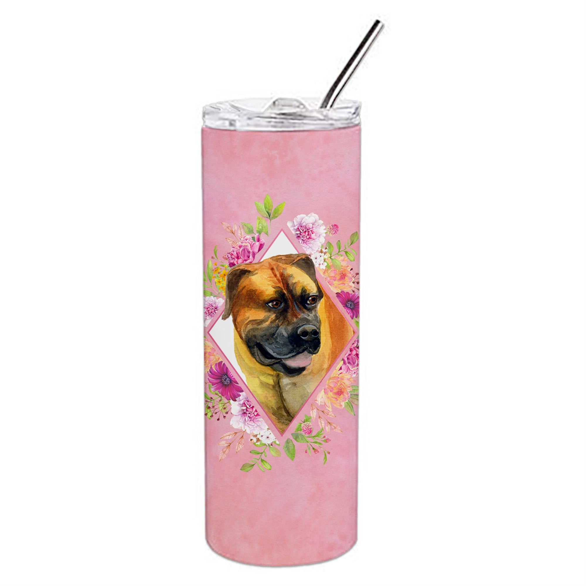 'Caroline'S Treasures Borboel Mastiff Pink Flowers Double Walled Stainless Steel 20 Oz Skinny Travel-Insulated-Tumblers, Multic