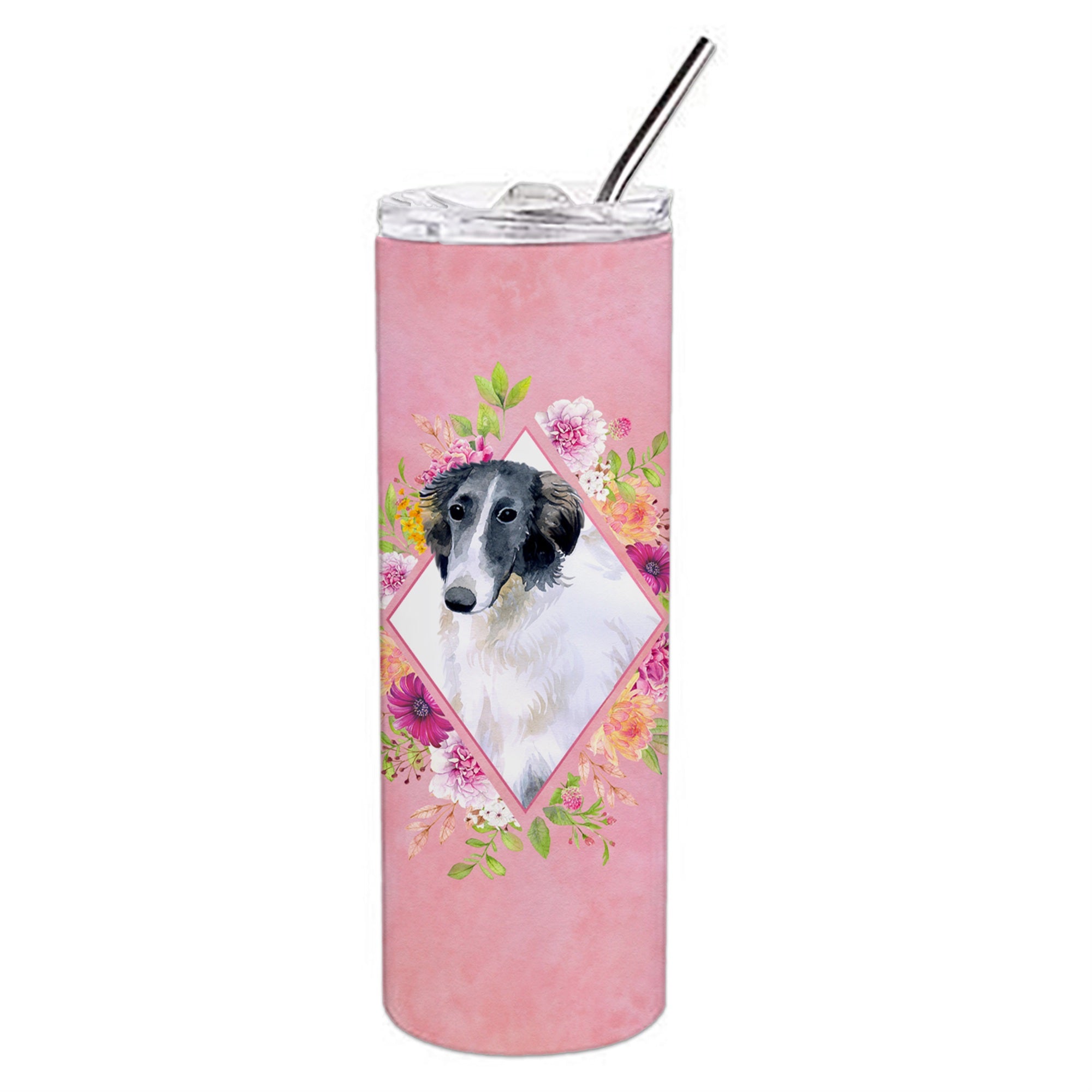 'Caroline'S Treasures Borzoi Pink Flowers Double Walled Stainless Steel 20 Oz Skinny Travel-Insulated-Tumblers, Multicolor''