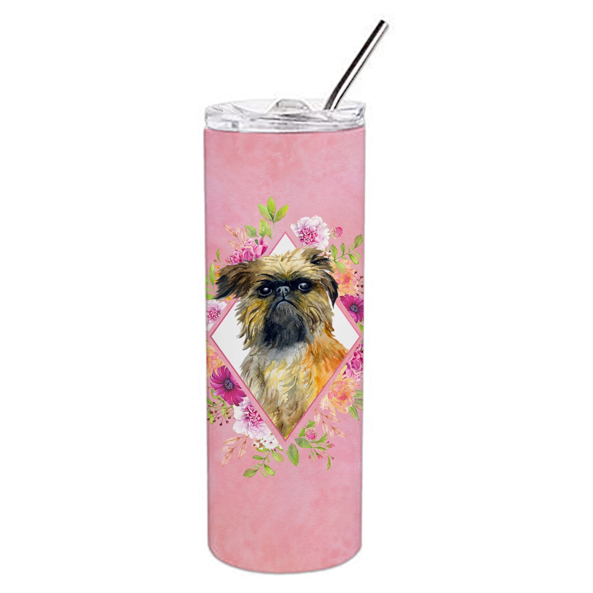 'Caroline'S Treasures Brussels Griffon Pink Flowers Double Walled Stainless Steel 20 Oz Skinny Travel-Insulated-Tumblers, Multi