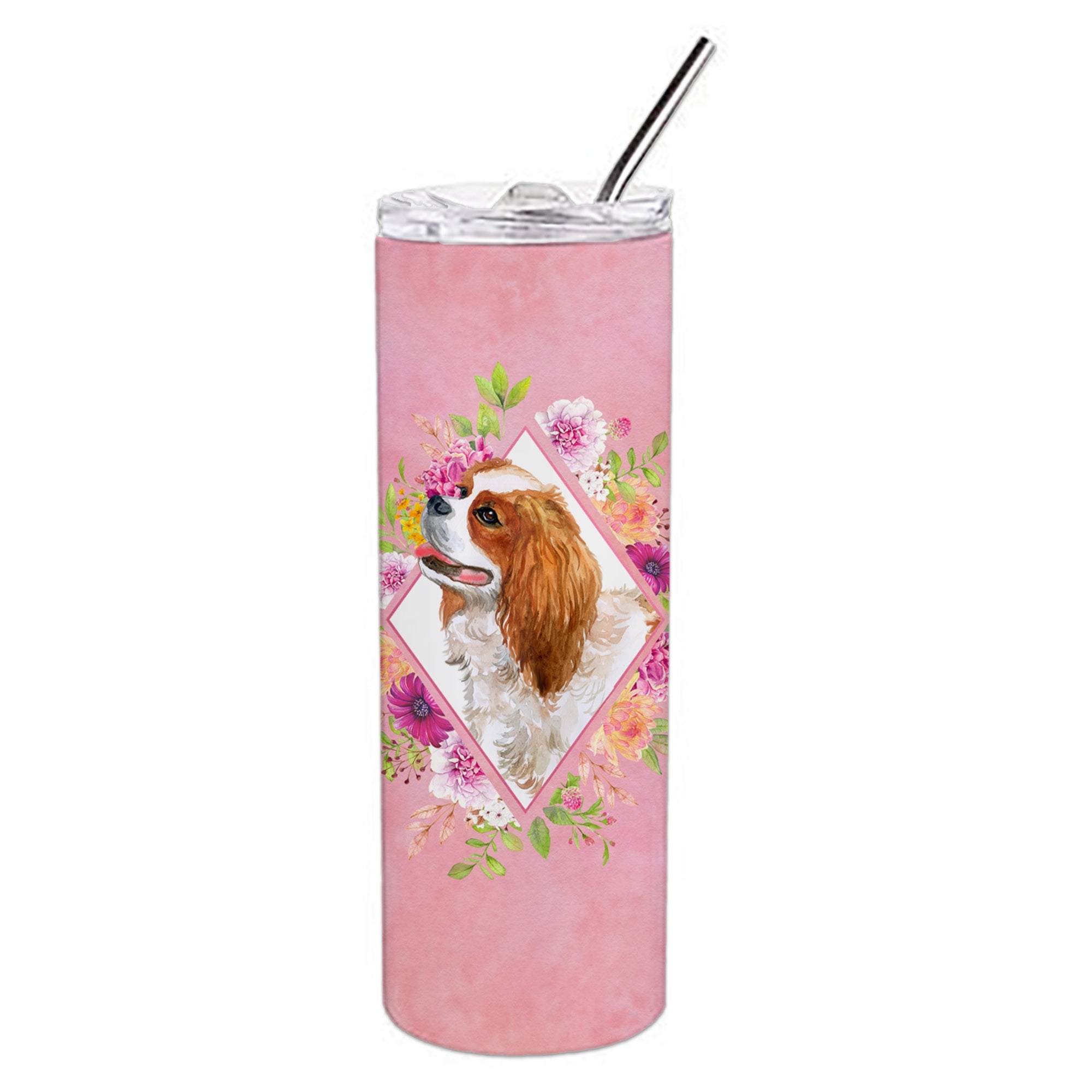 'Caroline'S Treasures Cavalier Spaniel Pink Flowers Double Walled Stainless Steel 20 Oz Skinny Travel-Insulated-Tumblers, Multi