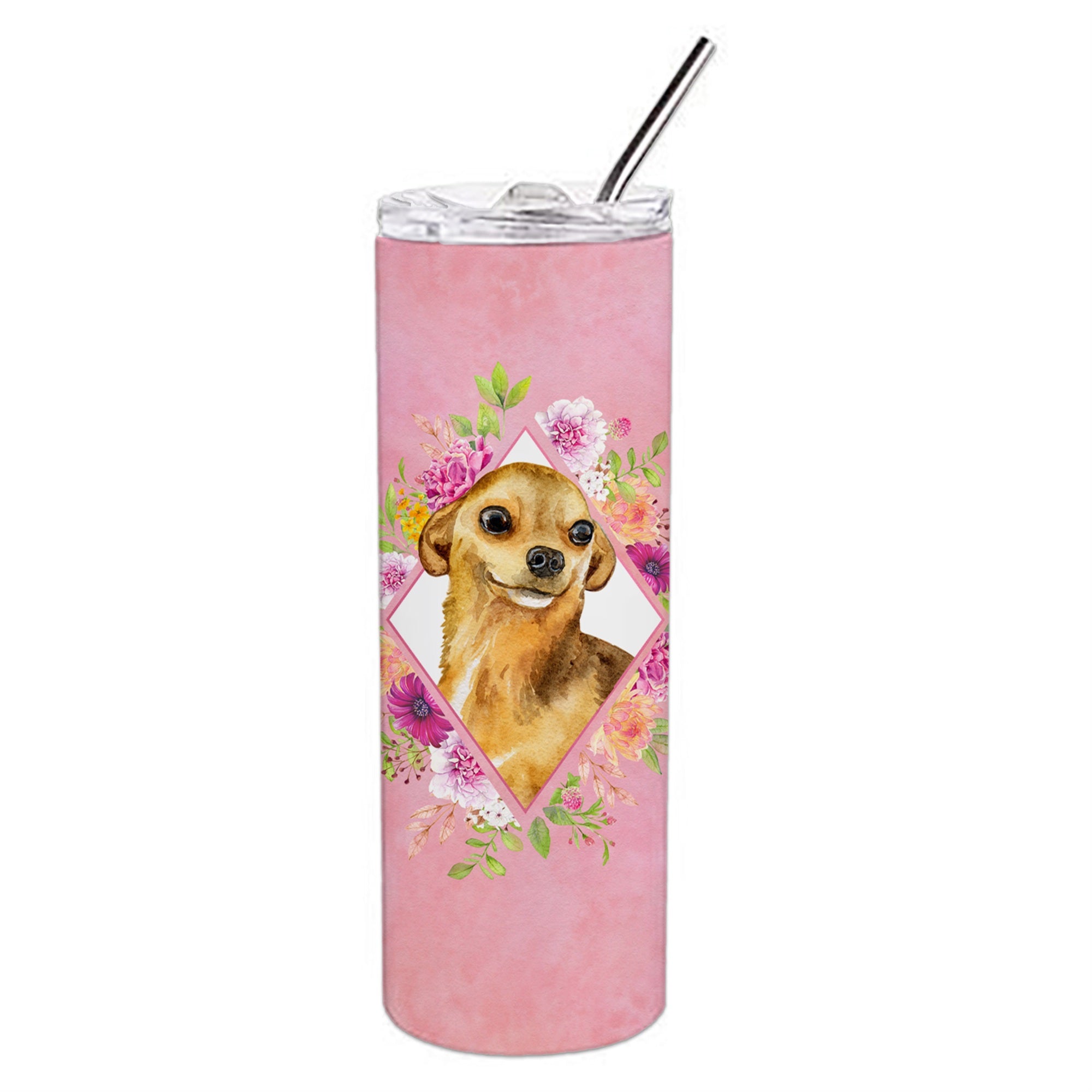 'Caroline'S Treasures Chihuahua #1 Pink Flowers Double Walled Stainless Steel 20 Oz Skinny Travel-Insulated-Tumblers, Multicolo