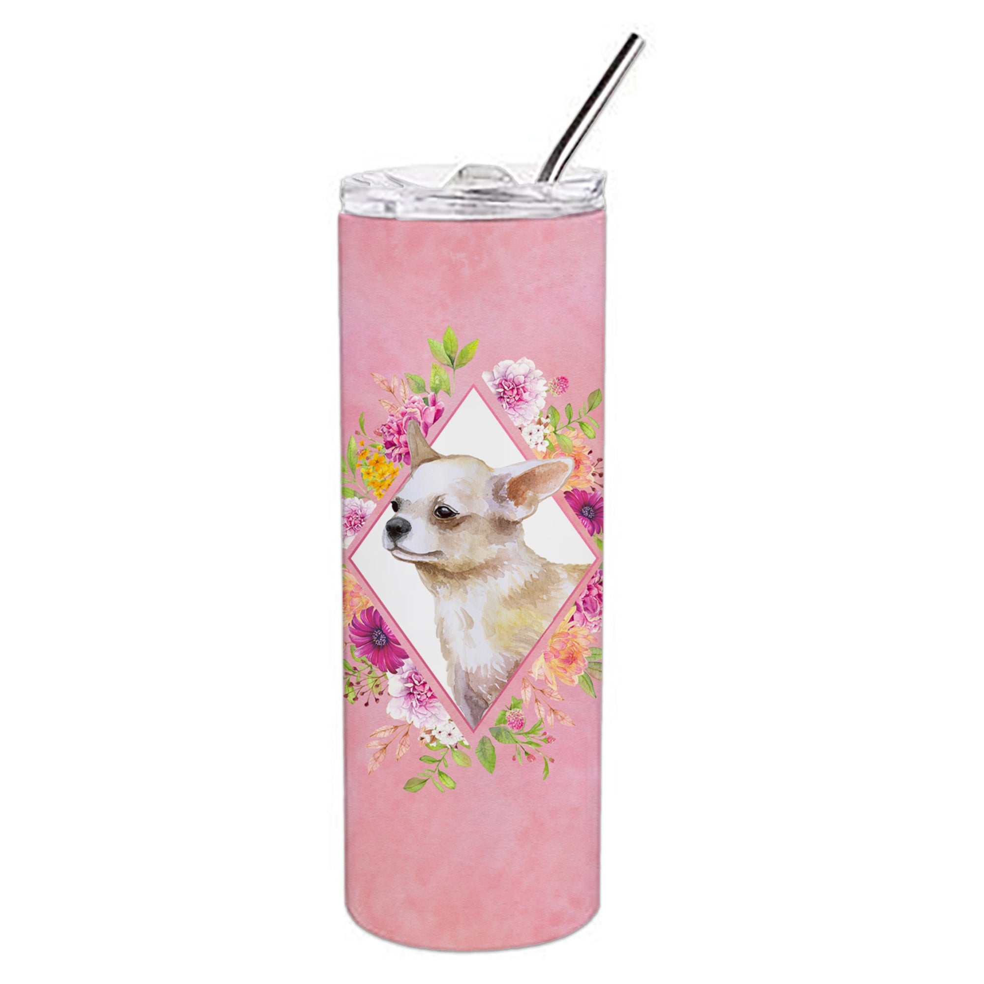 'Caroline'S Treasures Chihuahua #2 Pink Flowers Double Walled Stainless Steel 20 Oz Skinny Travel-Insulated-Tumblers, Multicolo