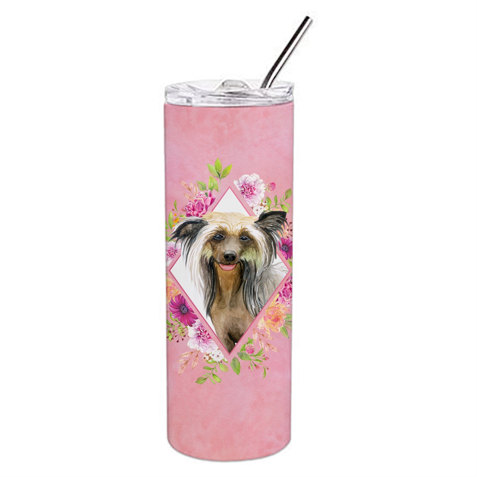 'Caroline'S Treasures Chinese Crested Pink Flowers Double Walled Stainless Steel 20 Oz Skinny Travel-Insulated-Tumblers, Multic