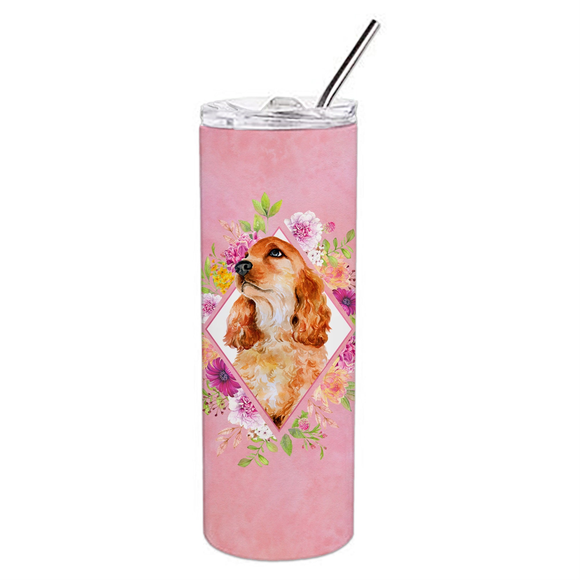 'Caroline'S Treasures Cocker Spaniel #2 Pink Flowers Double Walled Stainless Steel 20 Oz Skinny Travel-Insulated-Tumblers, Mult