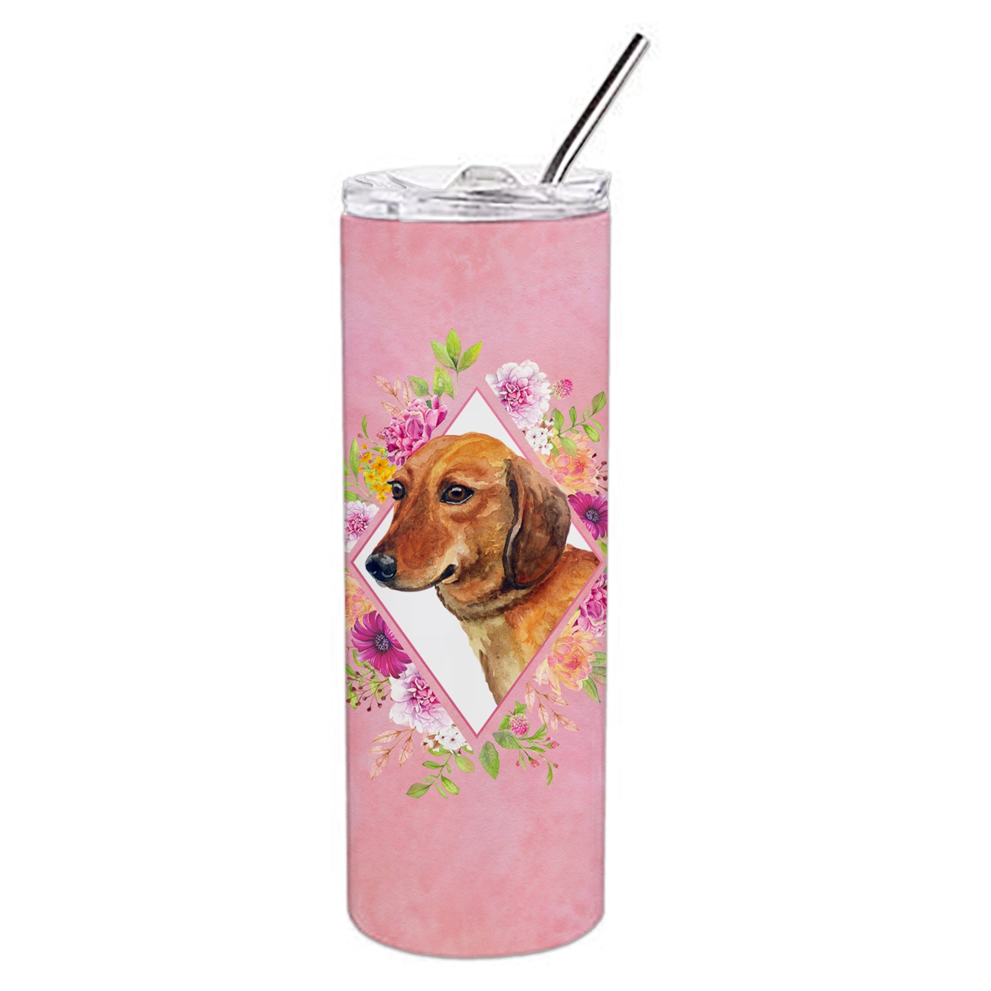 'Caroline'S Treasures Dachshund Red #1 Pink Flowers Double Walled Stainless Steel 20 Oz Skinny Travel-Insulated-Tumblers, Multi