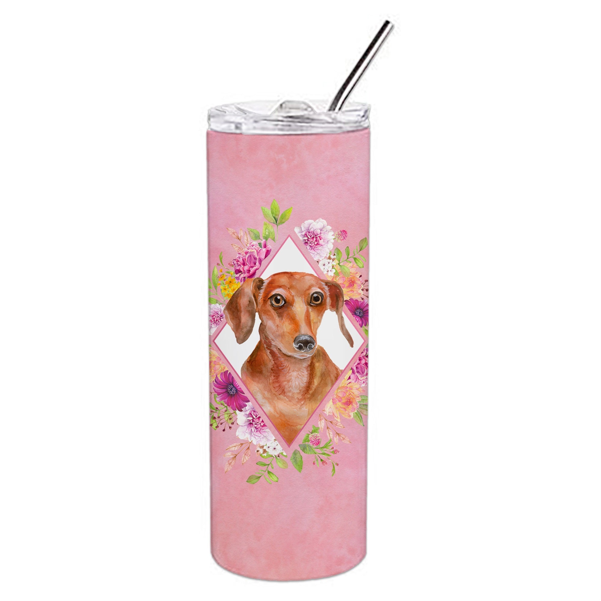 'Caroline'S Treasures Dachshund Red #2 Pink Flowers Double Walled Stainless Steel 20 Oz Skinny Travel-Insulated-Tumblers, Multi