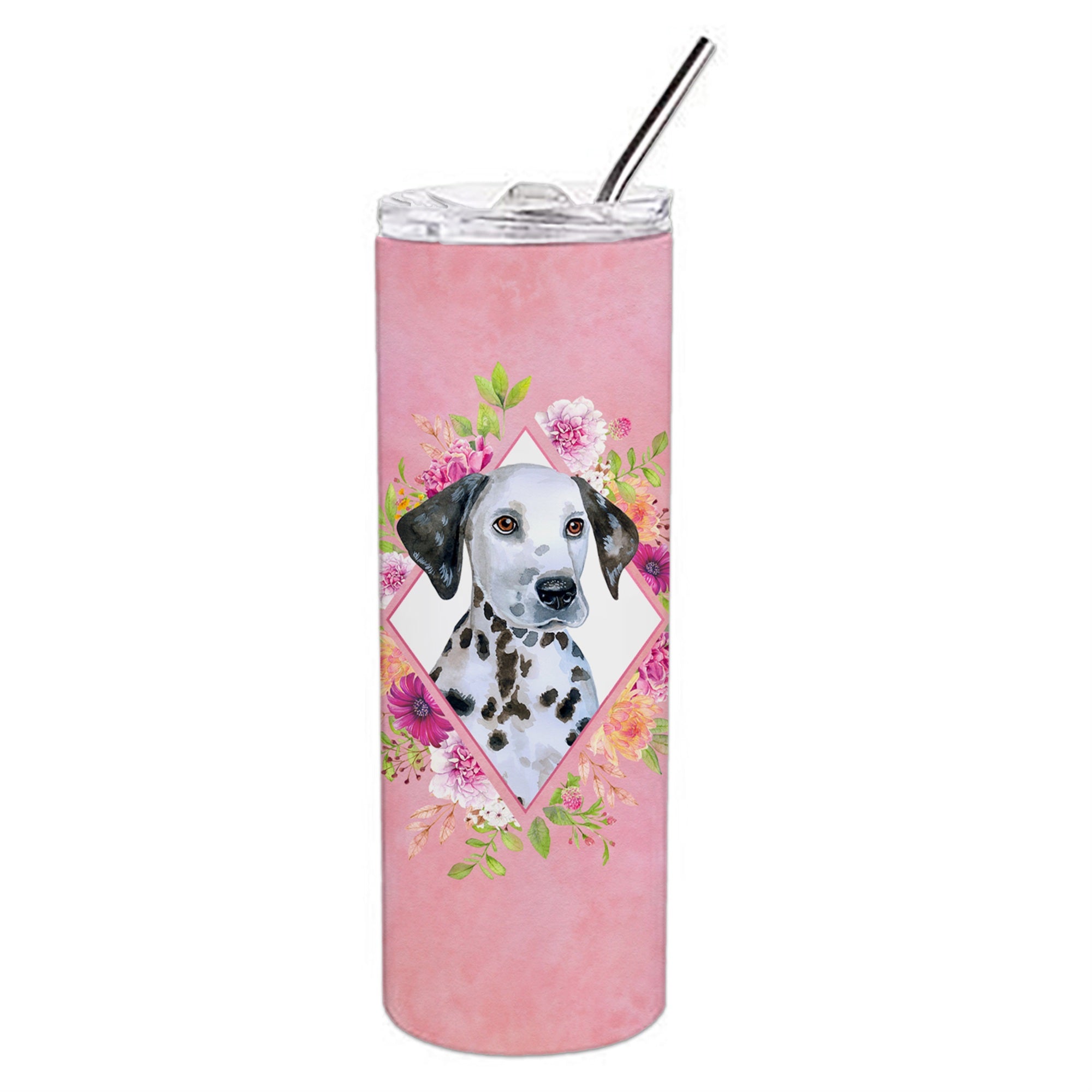 'Caroline'S Treasures Dalmatian Puppy Pink Flowers Double Walled Stainless Steel 20 Oz Skinny Travel-Insulated-Tumblers, Multic