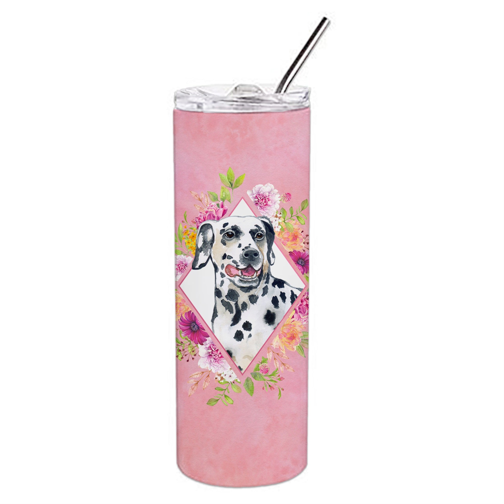 'Caroline'S Treasures Dalmatian Pink Flowers Double Walled Stainless Steel 20 Oz Skinny Travel-Insulated-Tumblers, Multicolor''