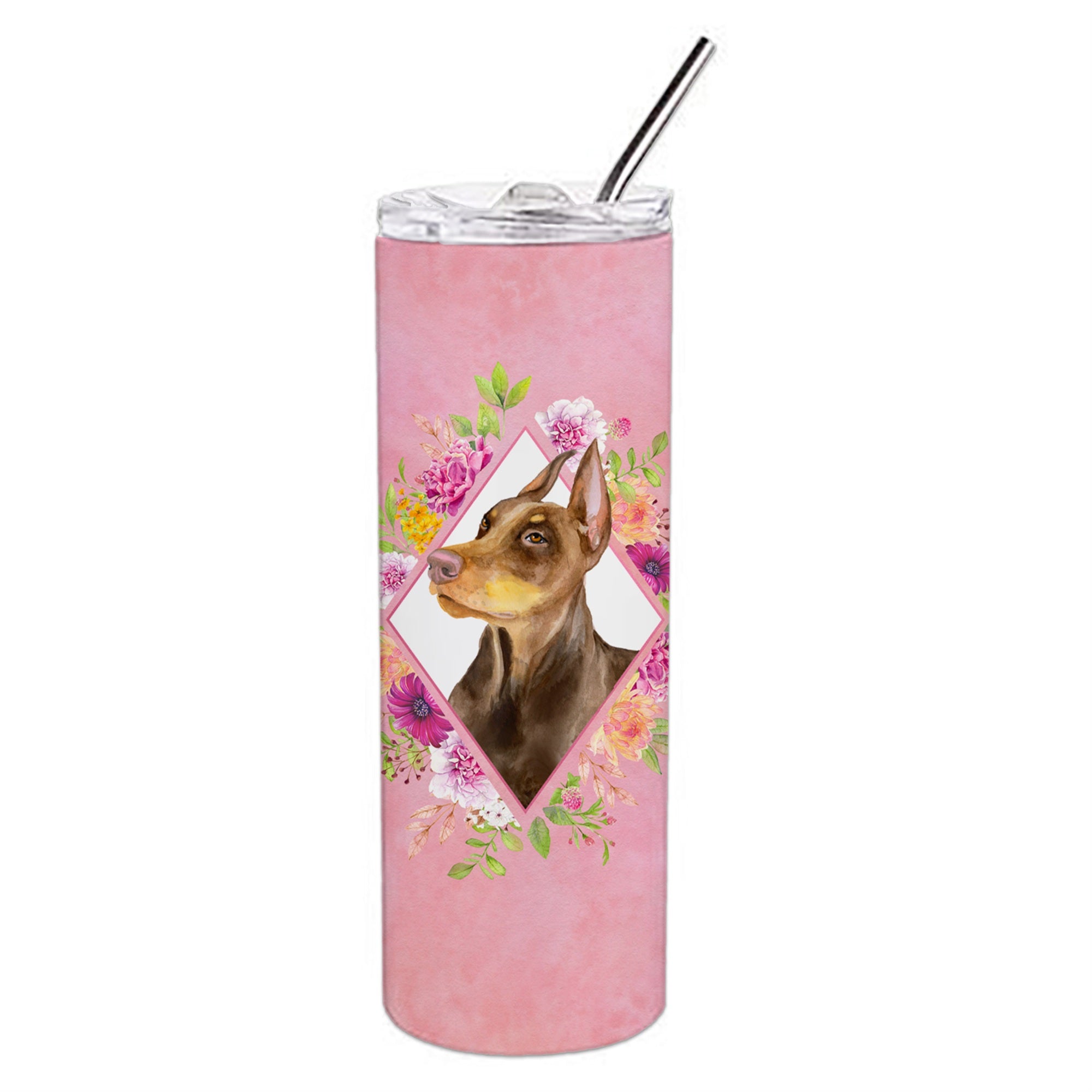 'Caroline'S Treasures Doberman Pinscher Pink Flowers Double Walled Stainless Steel 20 Oz Skinny Travel-Insulated-Tumblers, Mult