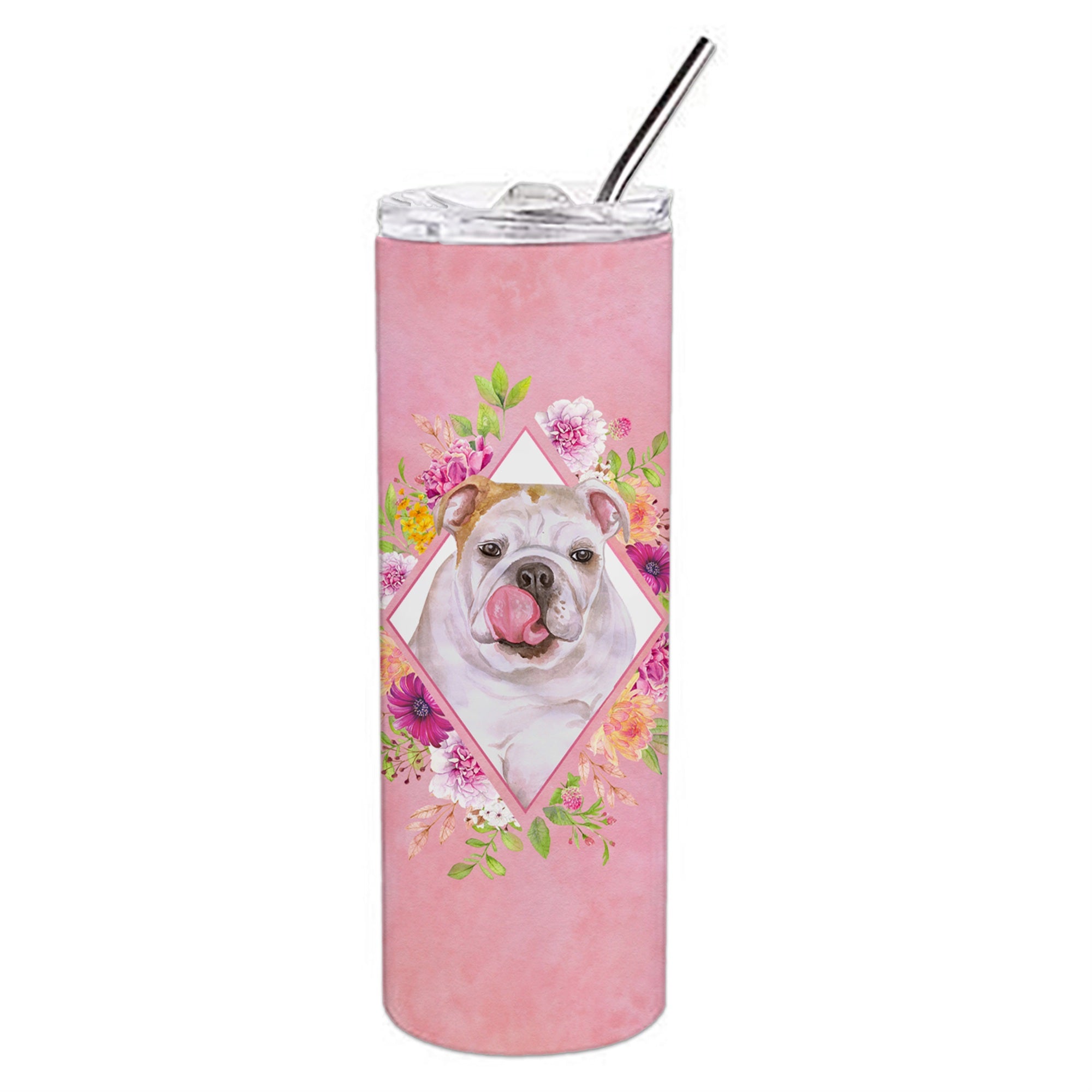 'Caroline'S Treasures English Bulldog Pink Flowers Double Walled Stainless Steel 20 Oz Skinny Travel-Insulated-Tumblers, Multic