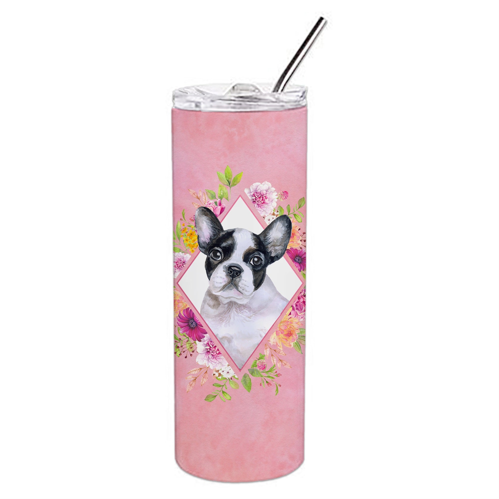 'Caroline'S Treasures French Bulldog Pink Flowers Double Walled Stainless Steel 20 Oz Skinny Travel-Insulated-Tumblers, Multico