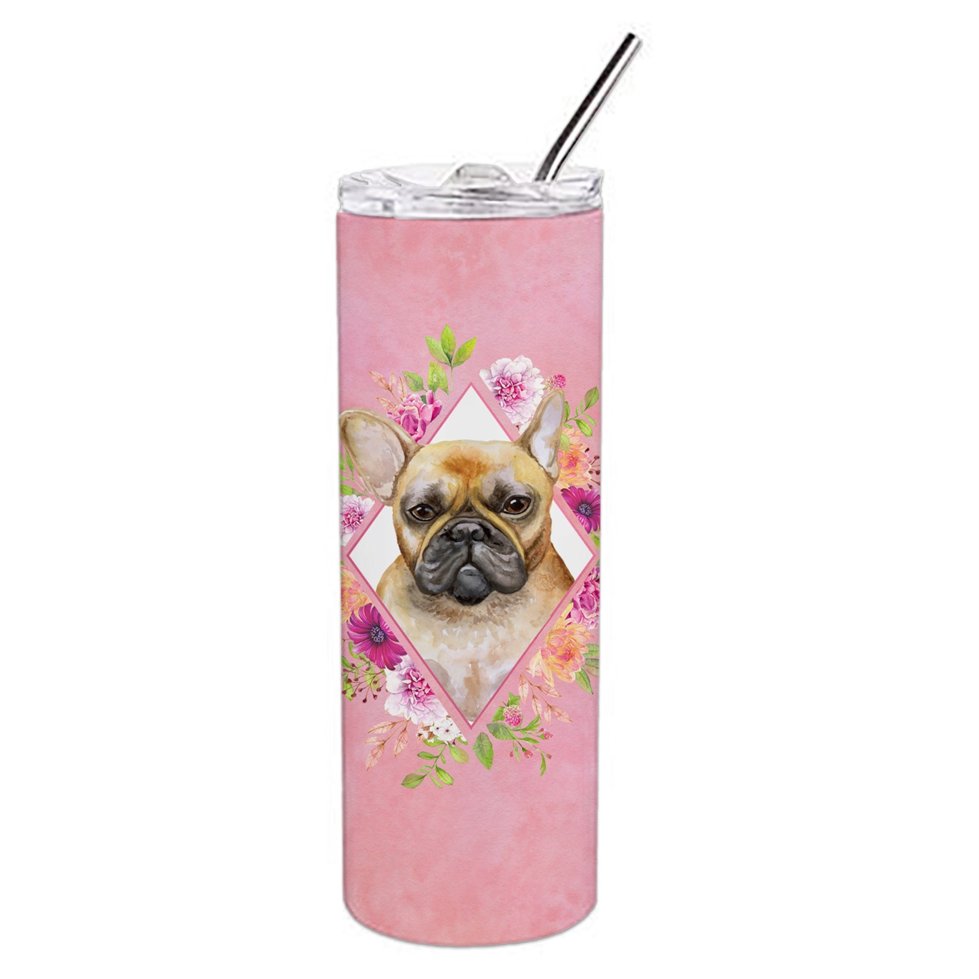 'Caroline'S Treasures Fawn French Bulldog Pink Flowers Double Walled Stainless Steel 20 Oz Skinny Travel-Insulated-Tumblers, Mu