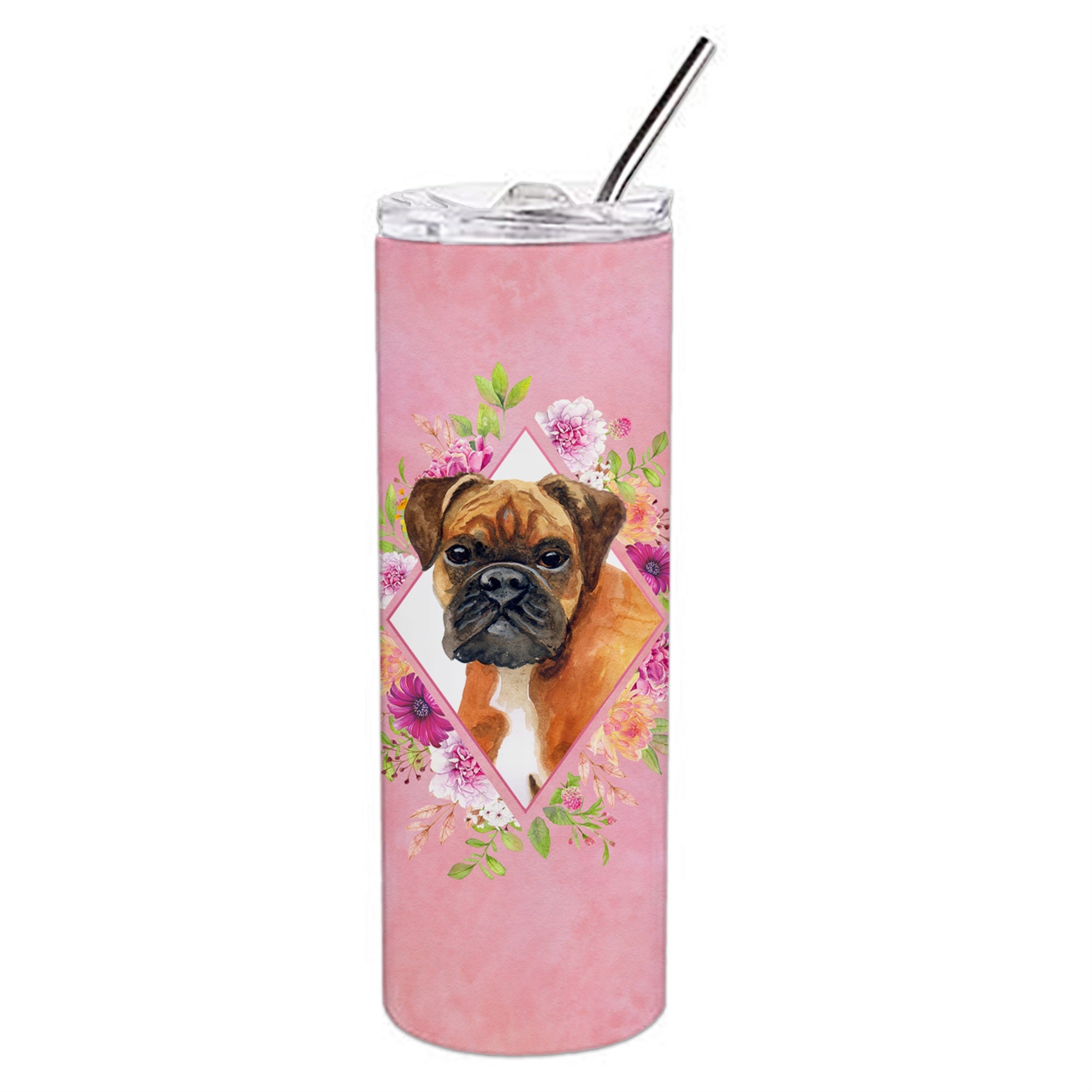 'Caroline'S Treasures German Boxer Pink Flowers Double Walled Stainless Steel 20 Oz Skinny Travel-Insulated-Tumblers, Multicolo