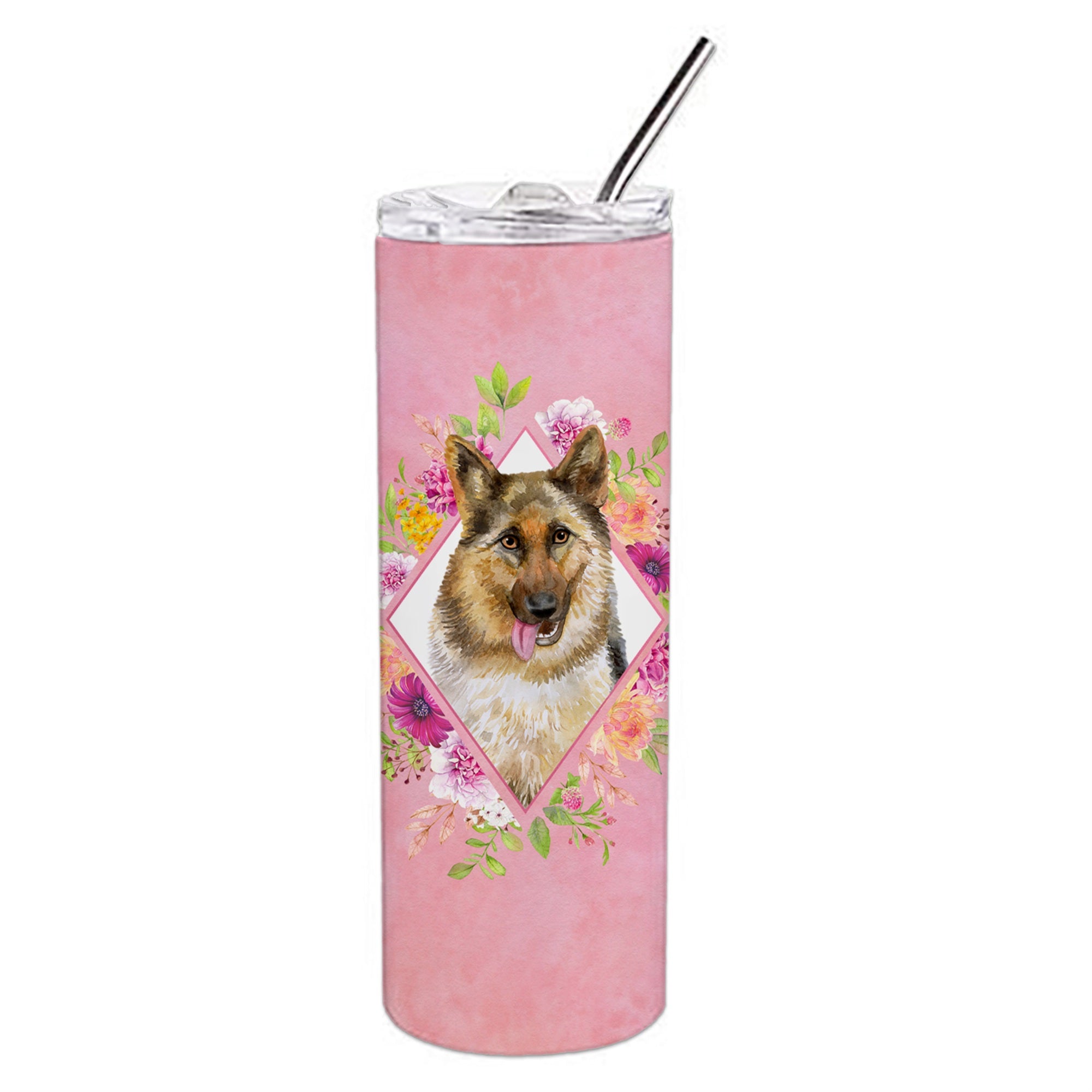 'Caroline'S Treasures German Shepherd #1 Pink Flowers Double Walled Stainless Steel 20 Oz Skinny Travel-Insulated-Tumblers, Mul