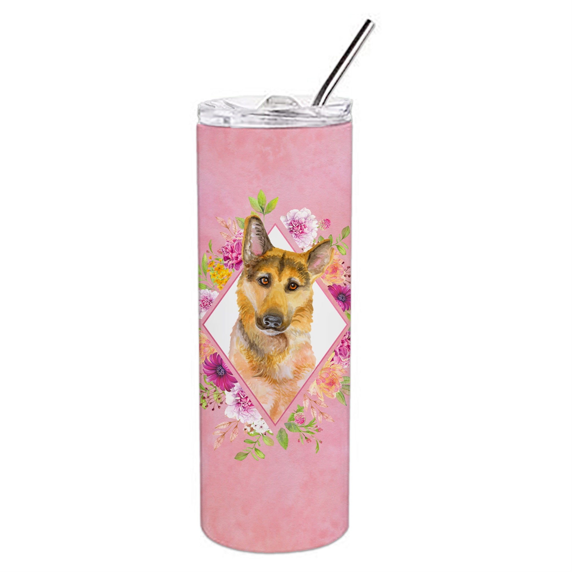 'Caroline'S Treasures German Shepherd #2 Pink Flowers Double Walled Stainless Steel 20 Oz Skinny Travel-Insulated-Tumblers, Mul