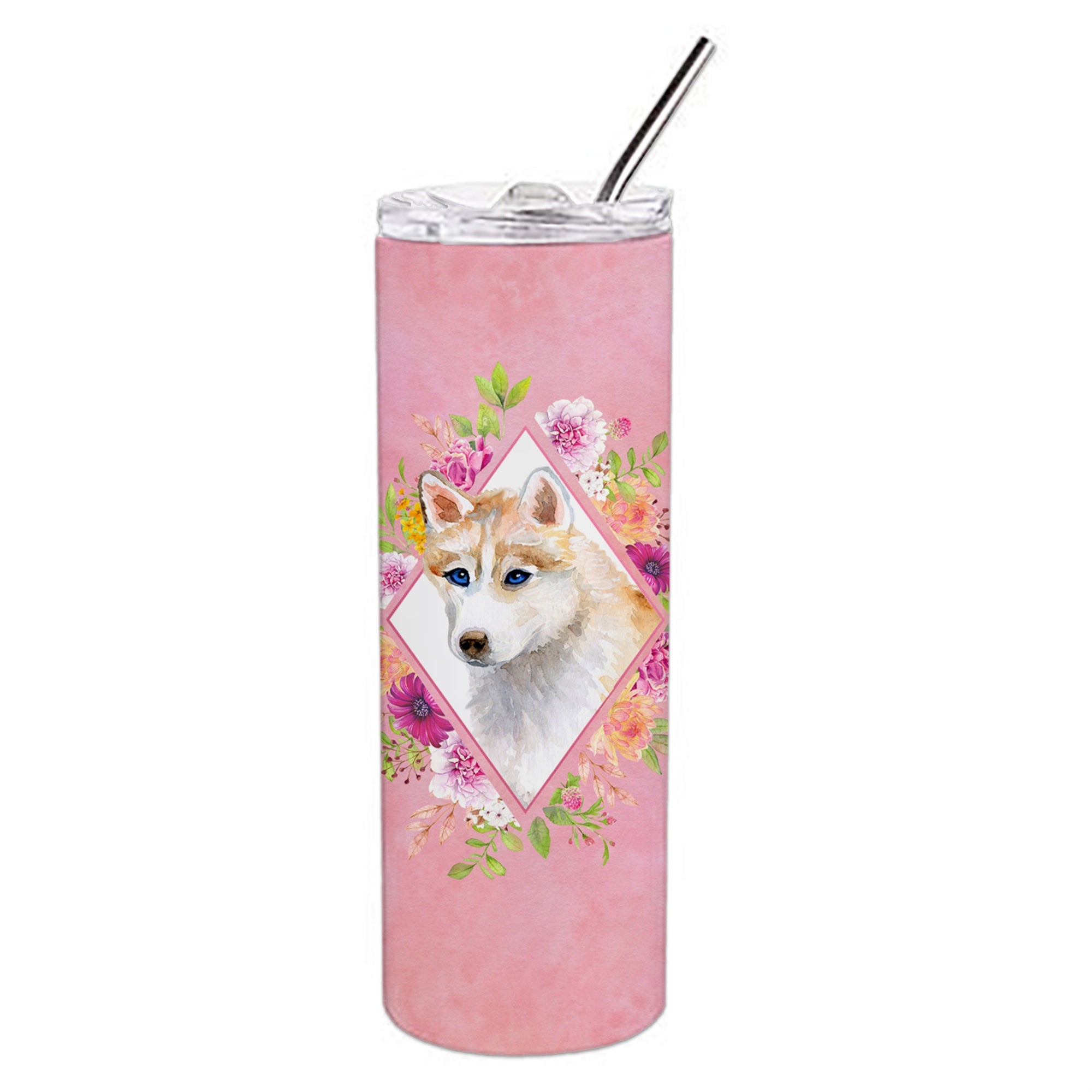 'Caroline'S Treasures Red Siberian Husky Pink Flowers Double Walled Stainless Steel 20 Oz Skinny Travel-Insulated-Tumblers, Mul