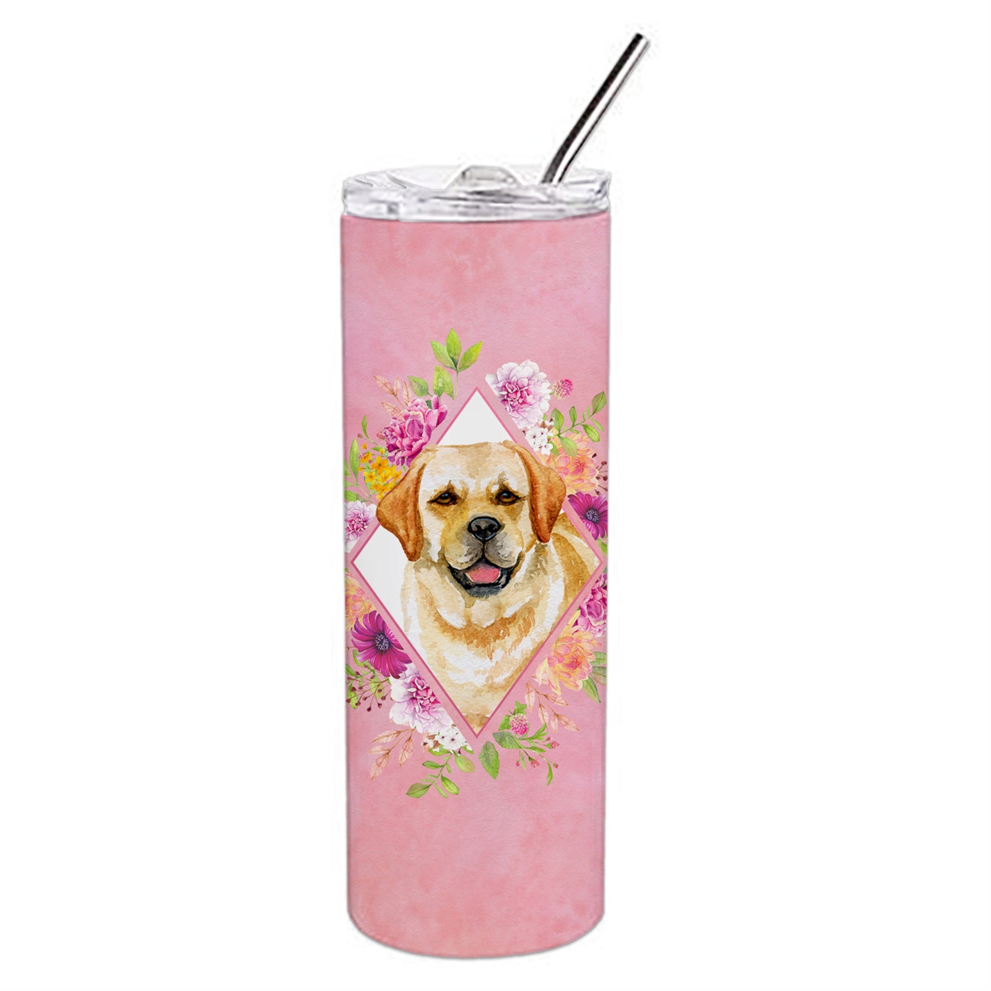 'Caroline'S Treasures Golden Retriever Pink Flowers Double Walled Stainless Steel 20 Oz Skinny Travel-Insulated-Tumblers, Multi