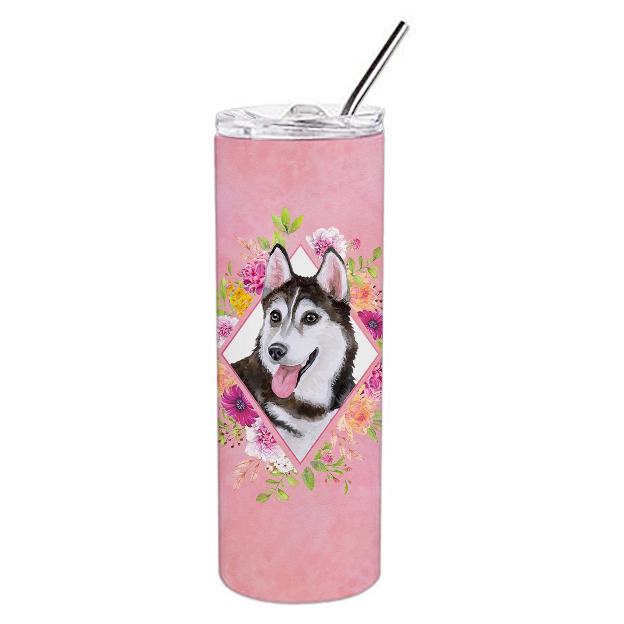 'Caroline'S Treasures Siberian Husky #1 Pink Flowers Double Walled Stainless Steel 20 Oz Skinny Travel-Insulated-Tumblers, Mult