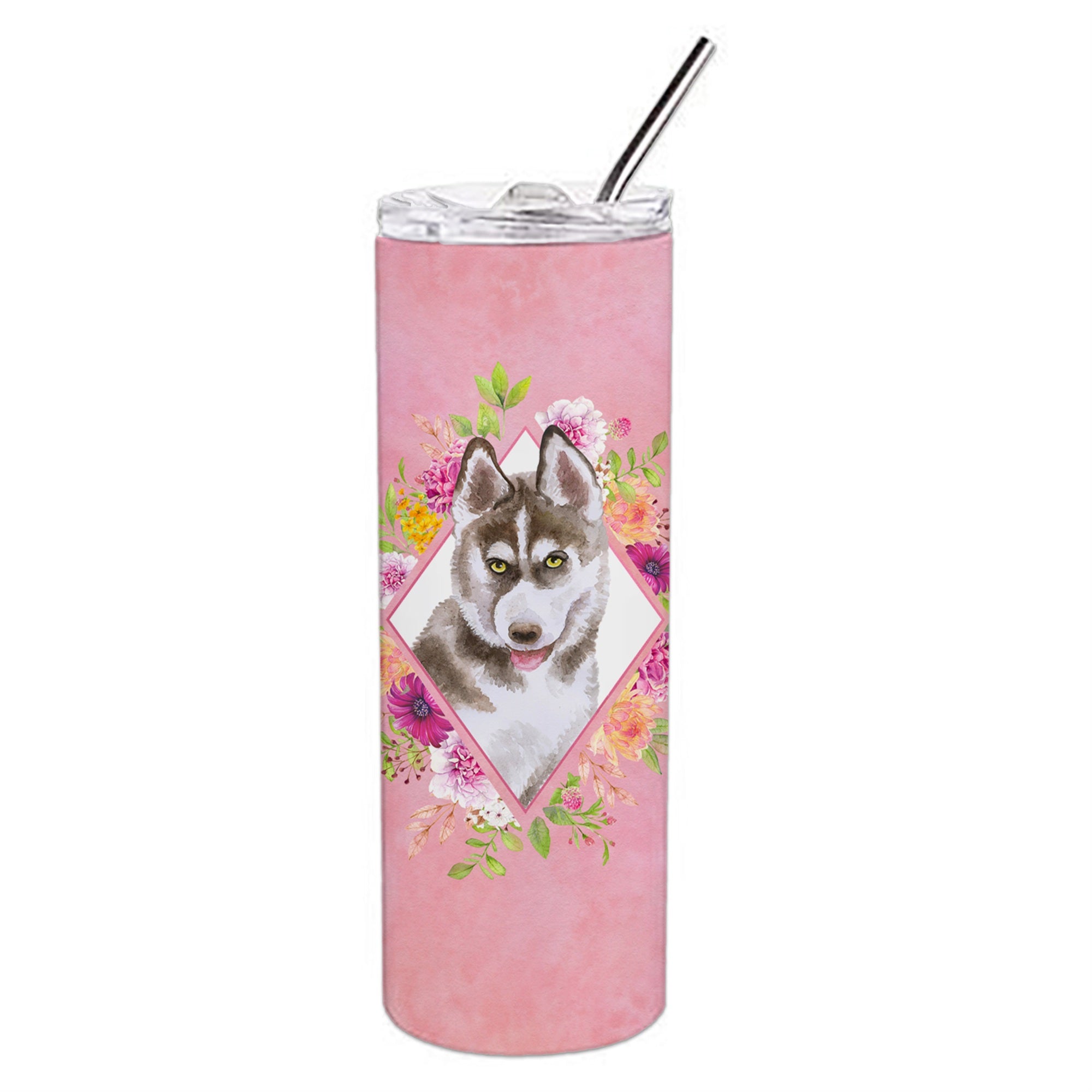 'Caroline'S Treasures Siberian Husky #2 Pink Flowers Double Walled Stainless Steel 20 Oz Skinny Travel-Insulated-Tumblers, Mult