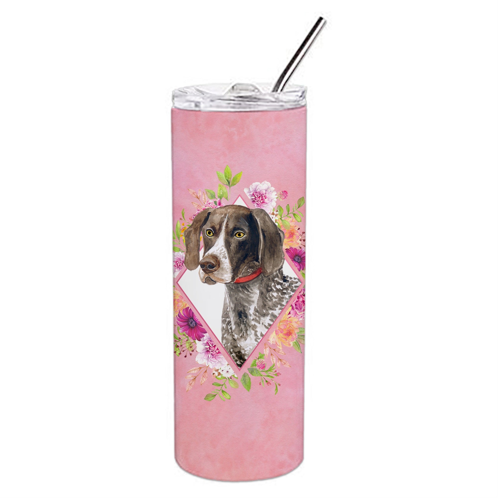 'Caroline'S Treasures German Shorthaired Pointer Pink Flowers Stainless Steel 20 Oz Skinny Travel-Insulated-Tumblers, Multicolo