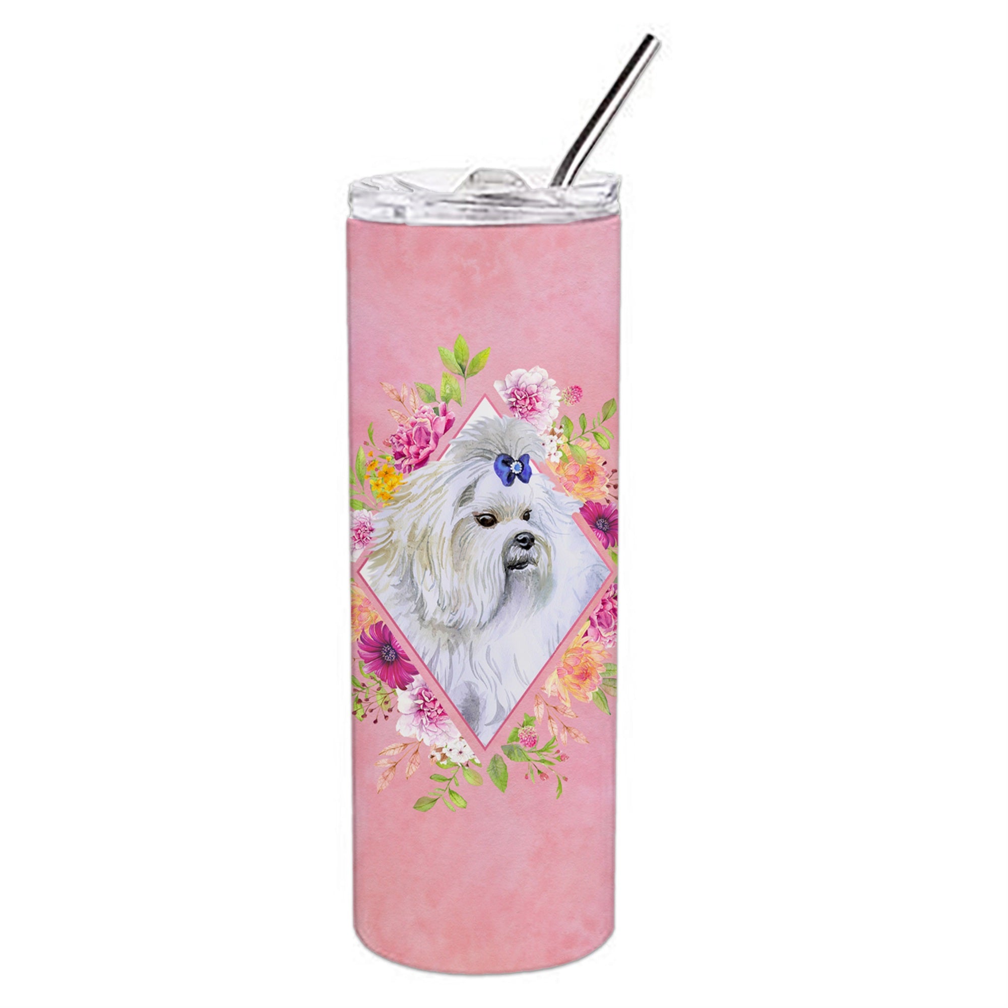 'Caroline'S Treasures Maltese Pink Flowers Double Walled Stainless Steel 20 Oz Skinny Travel-Insulated-Tumblers, Multicolor''