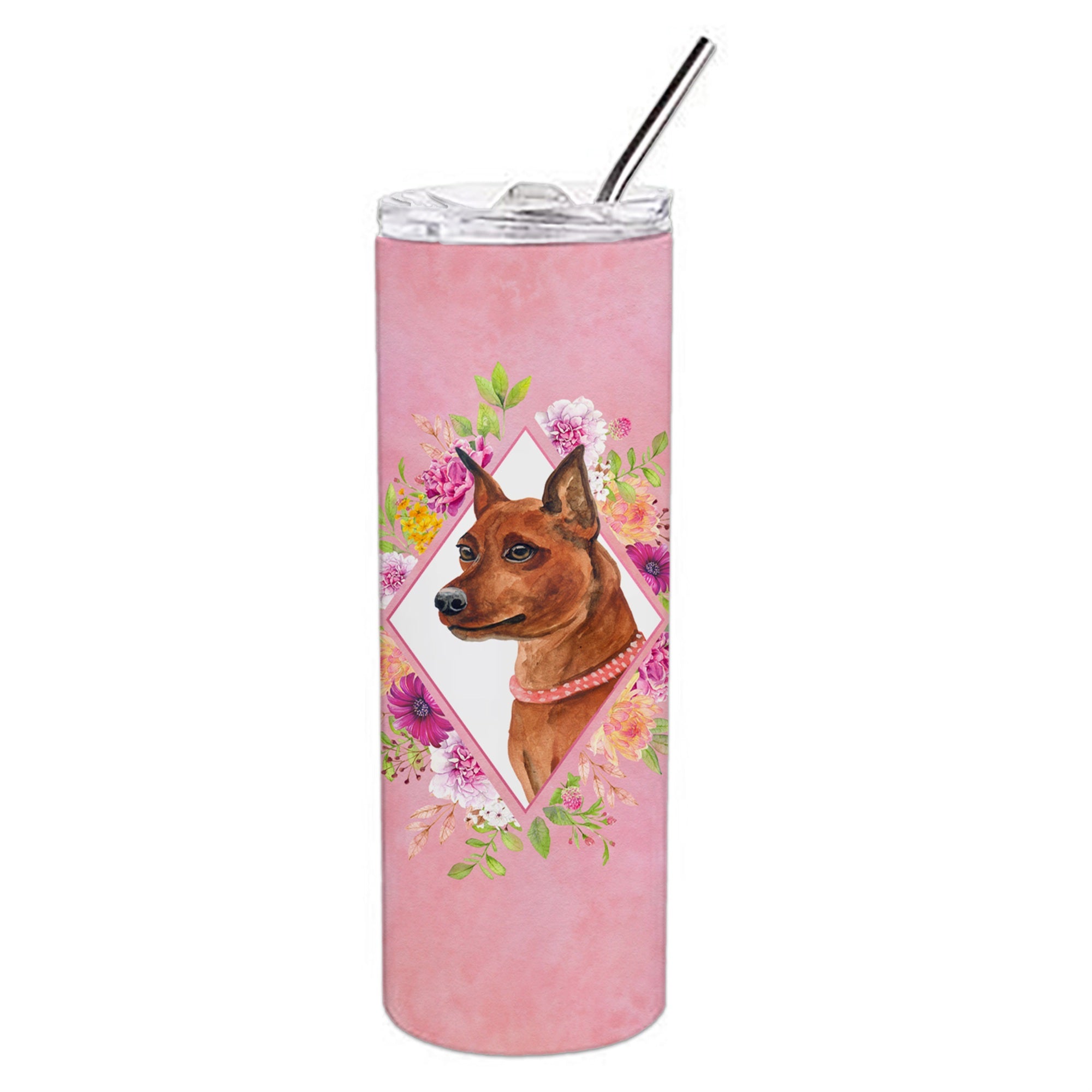 'Caroline'S Treasures Miniature Pinscher Pink Flowers Double Walled Stainless Steel 20 Oz Skinny Travel-Insulated-Tumblers, Mul