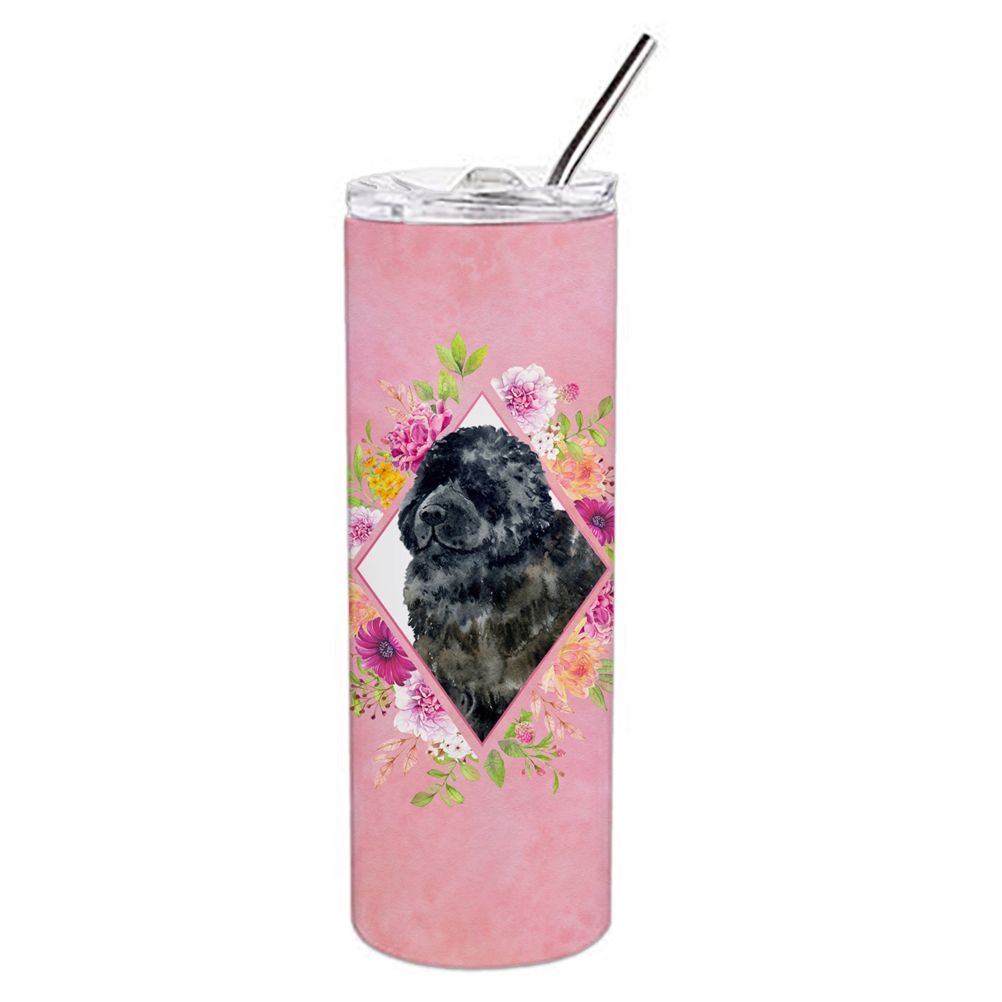 'Caroline'S Treasures Newfoundland Pink Flowers Double Walled Stainless Steel 20 Oz Skinny Travel-Insulated-Tumblers, Multicolo