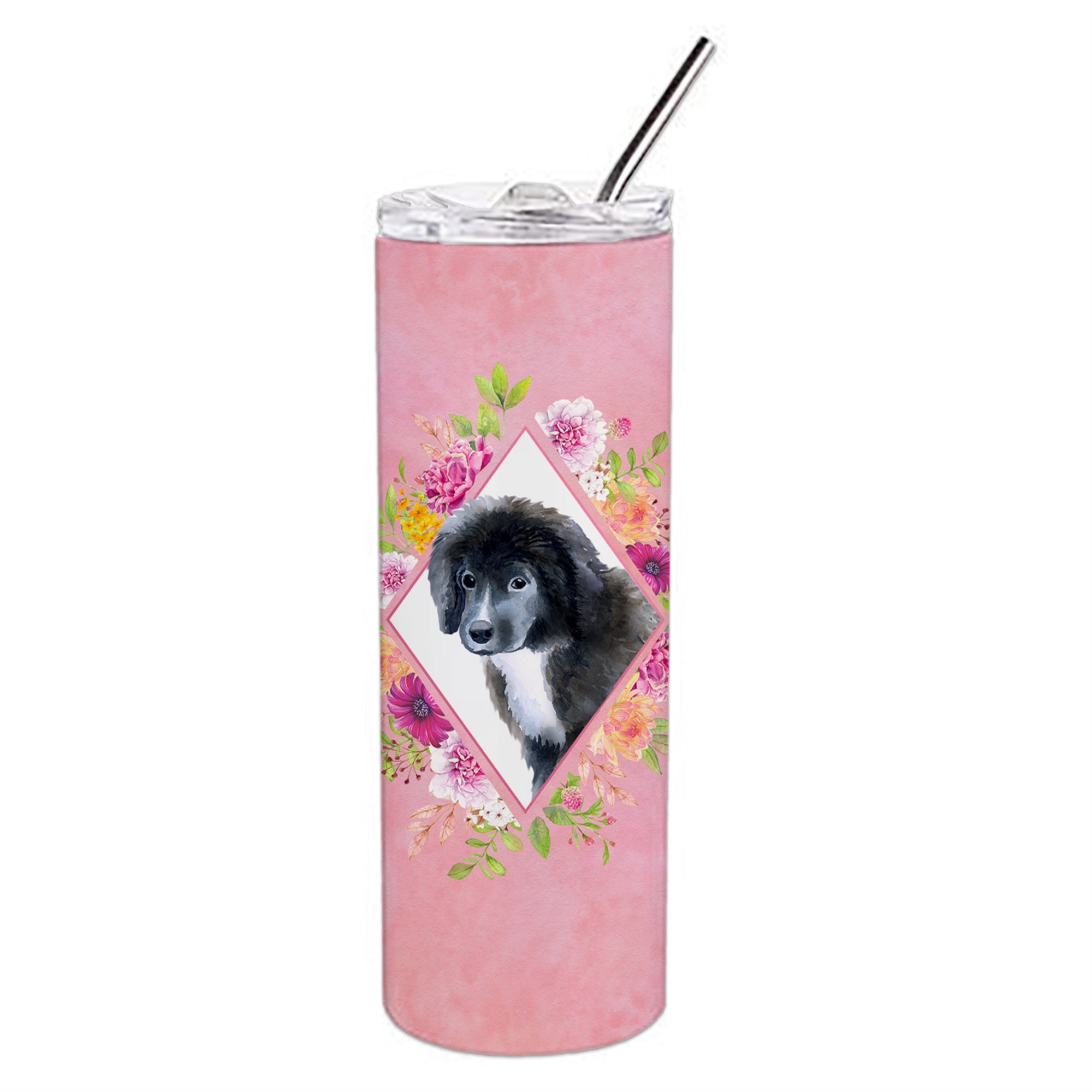 'Caroline'S Treasures Newfoundland Puppy Pink Flowers Double Walled Stainless Steel 20 Oz Skinny Travel-Insulated-Tumblers, Mul