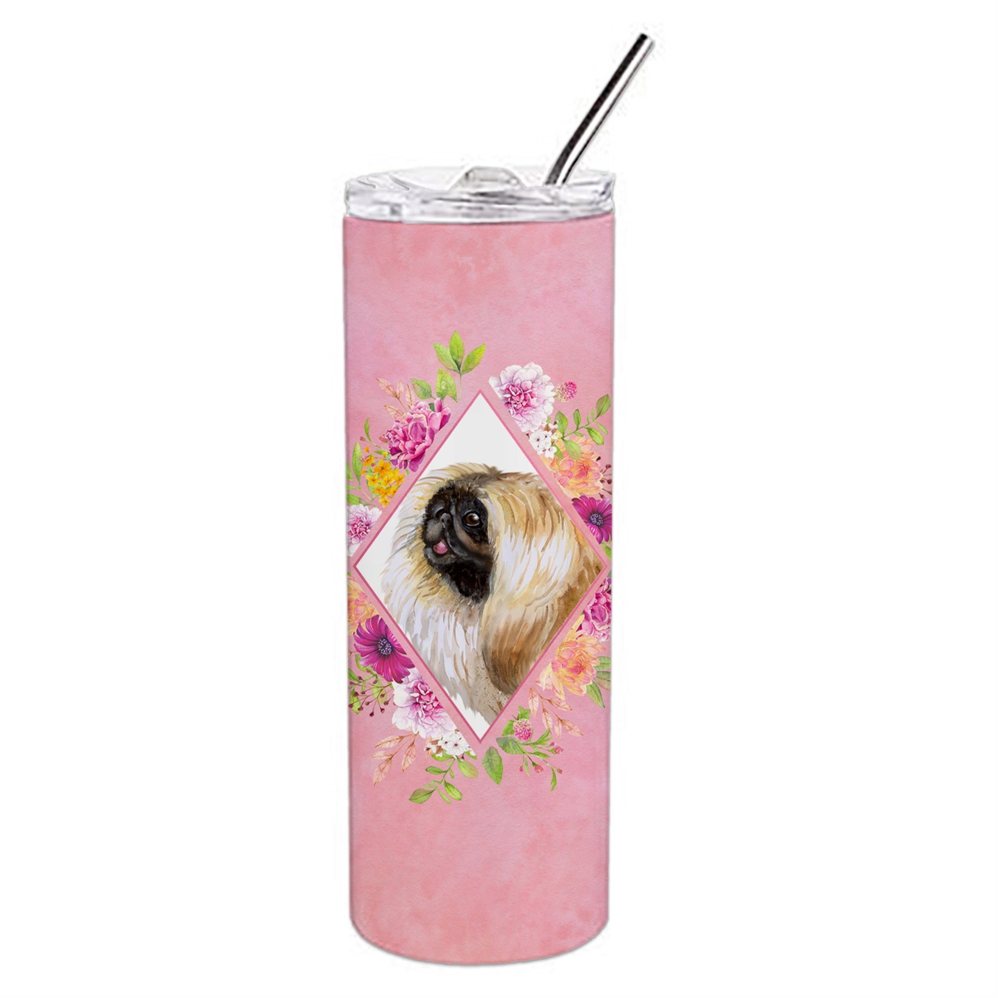 'Caroline'S Treasures Pekingese Pink Flowers Double Walled Stainless Steel 20 Oz Skinny Travel-Insulated-Tumblers, Multicolor''