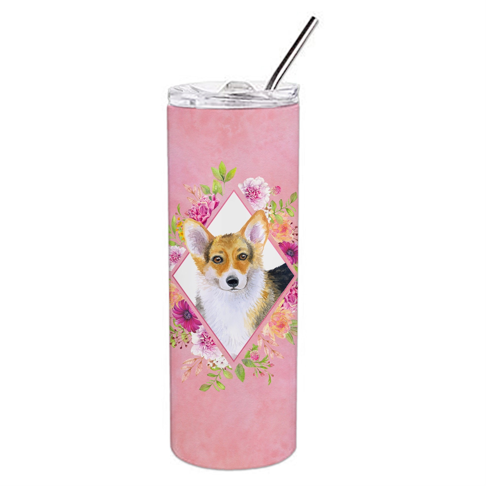 'Caroline'S Treasures Corgi Pink Flowers Double Walled Stainless Steel 20 Oz Skinny Travel-Insulated-Tumblers, Multicolor''