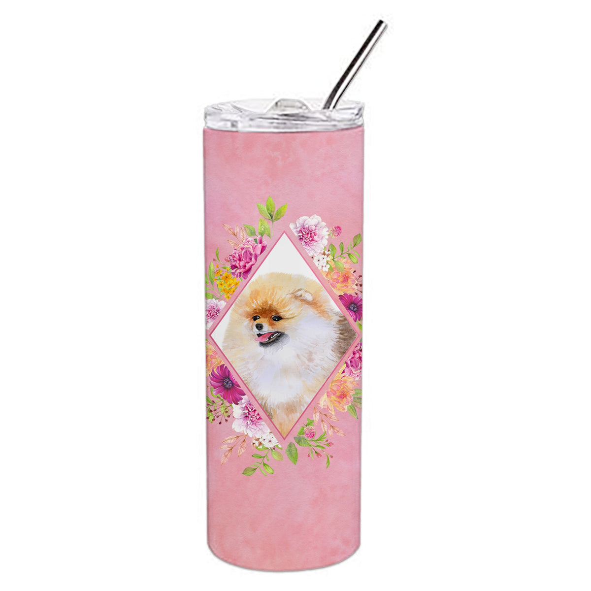 'Caroline'S Treasures Pomeranian #2 Pink Flowers Double Walled Stainless Steel 20 Oz Skinny Travel-Insulated-Tumblers, Multicol